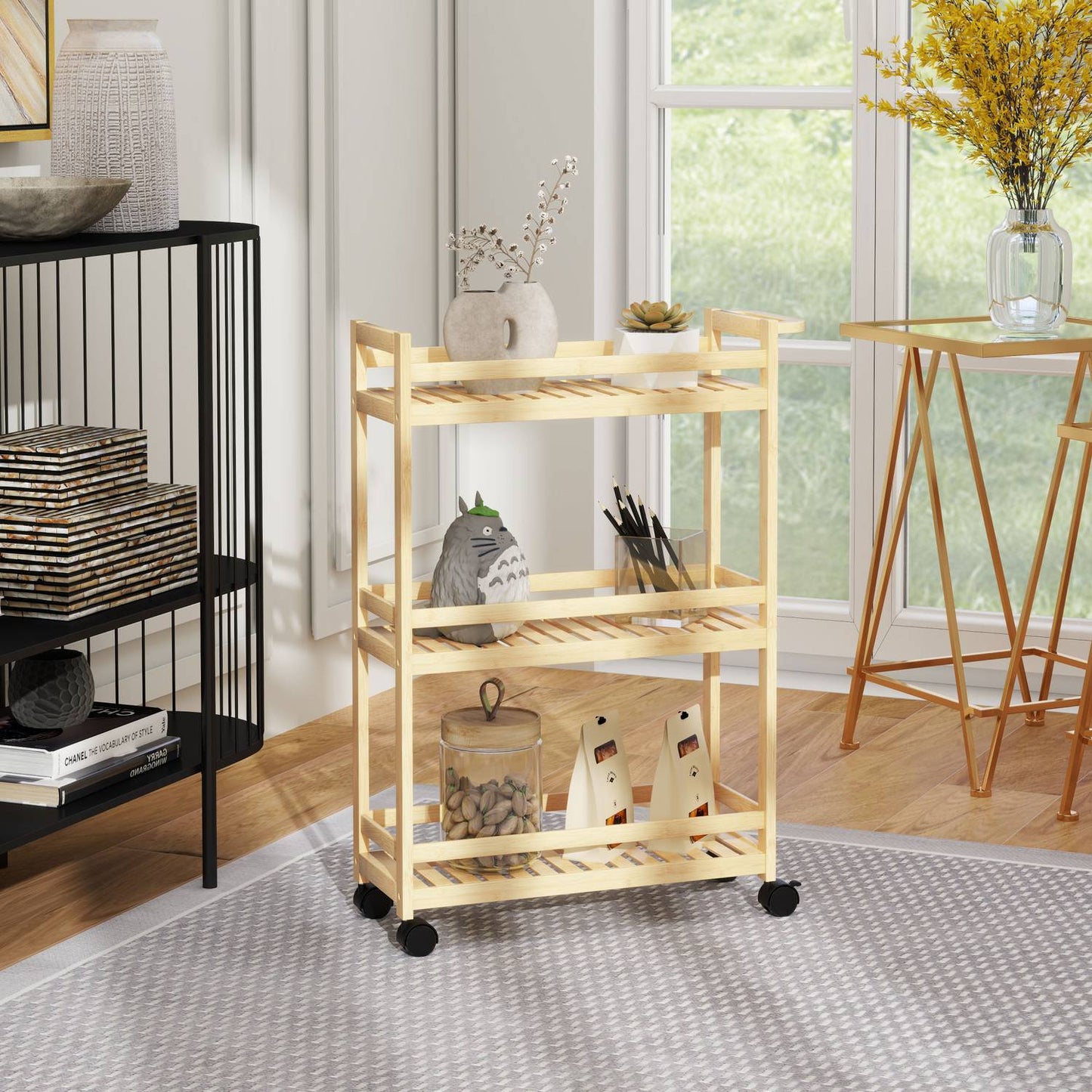 3-story bamboo kitchen trolley with wheels and handle