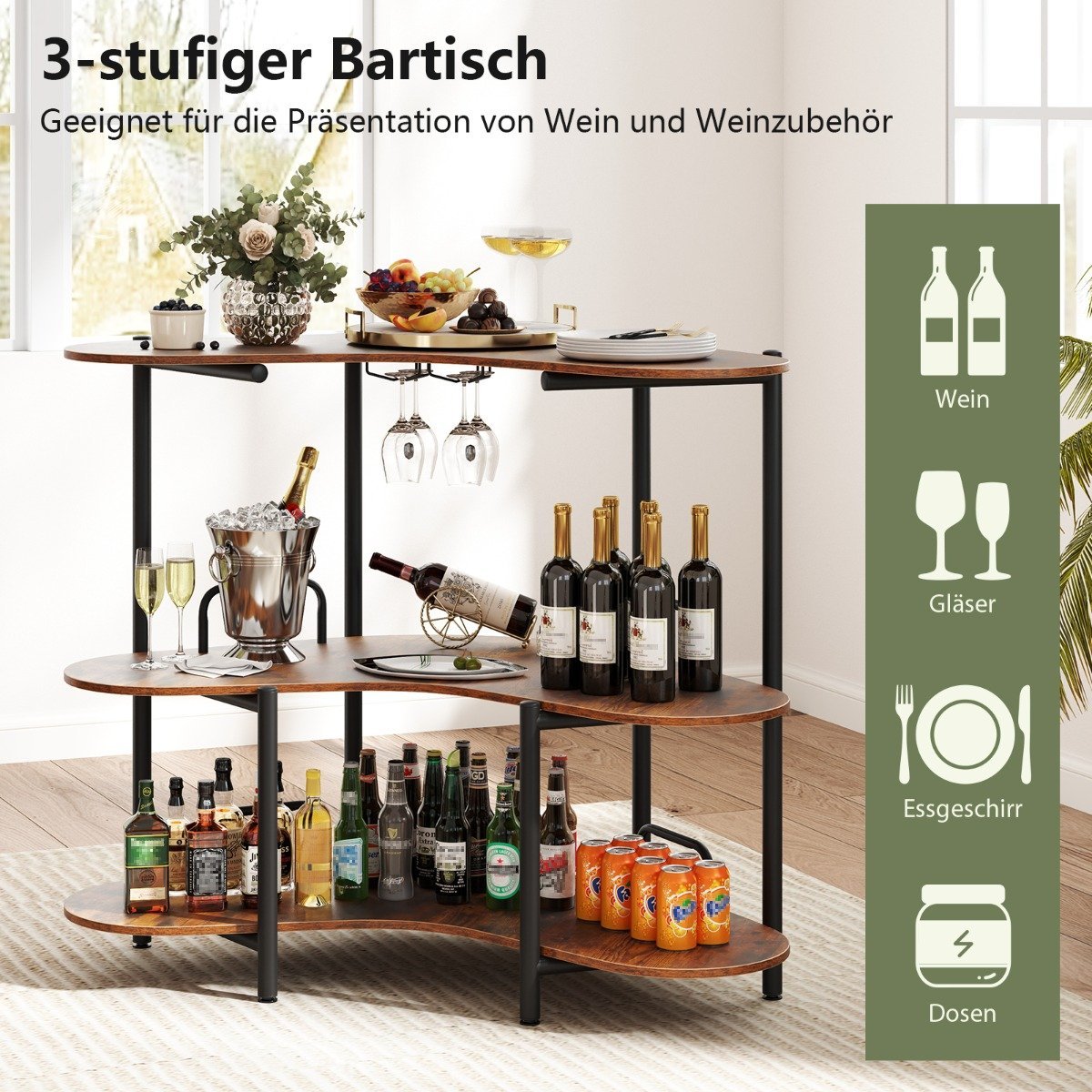 3-Tier Bar Table with Glass Holder & Metal Frame, Brown
