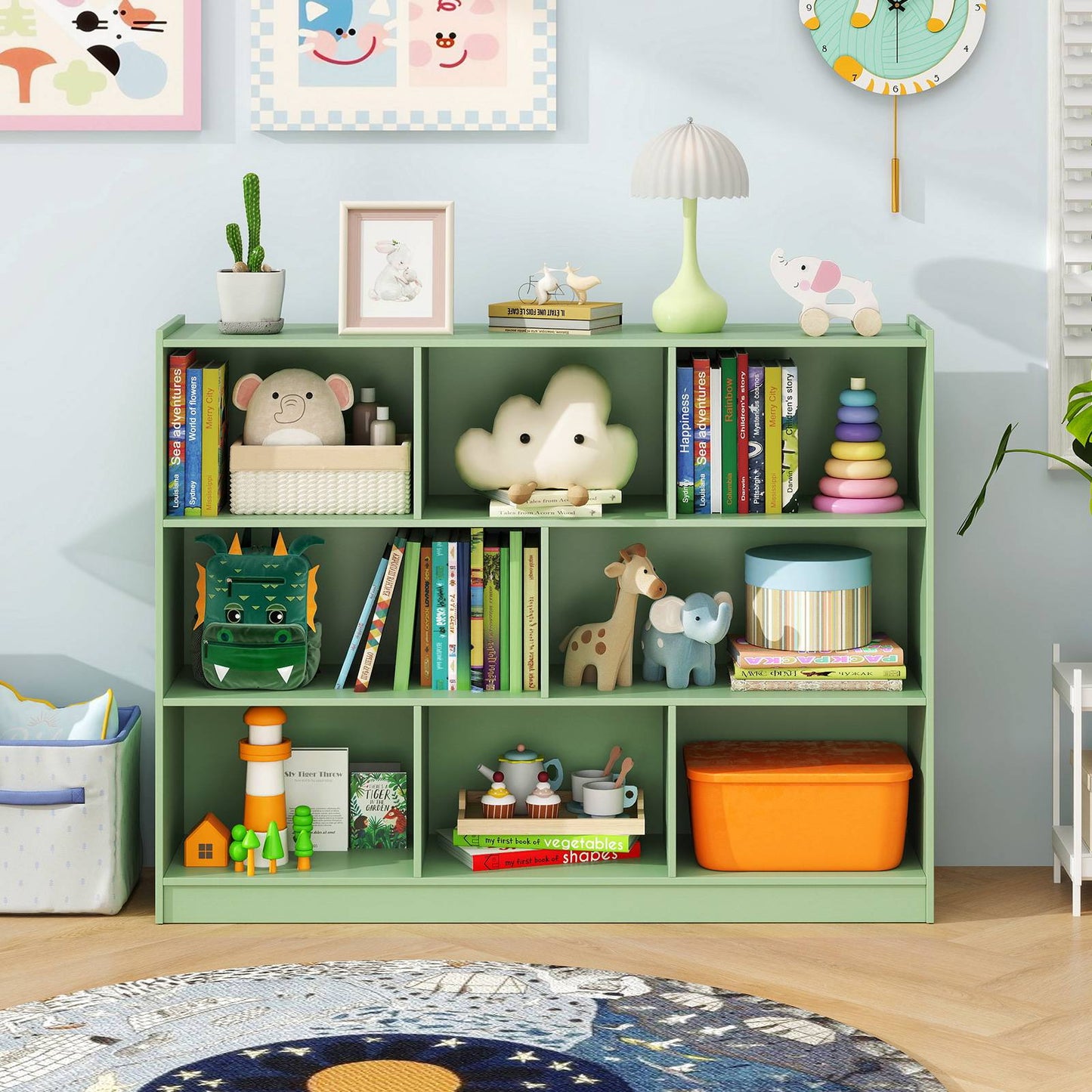 3-Tier Bookshelf with 8 Open Shelves, Green