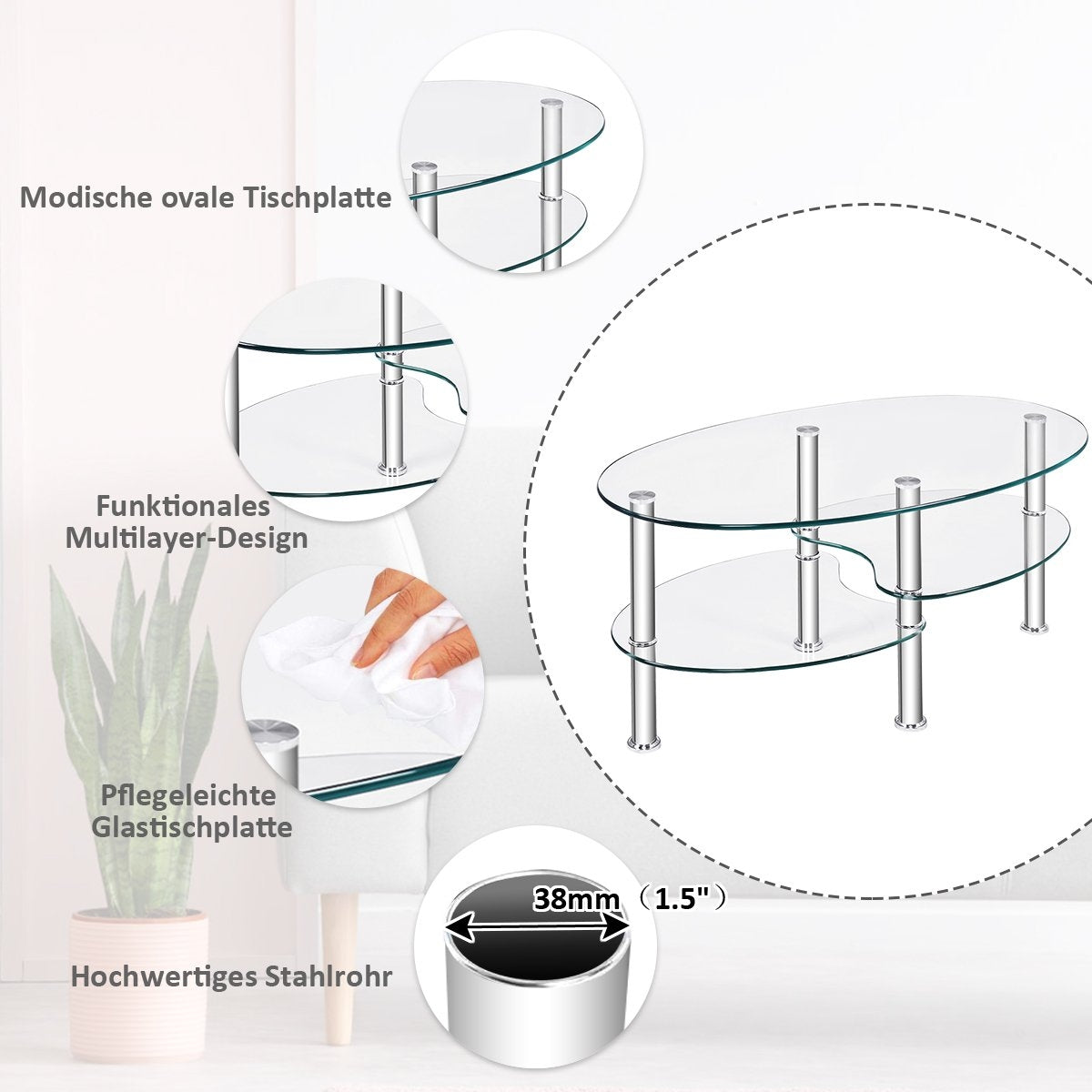 3 Tier Glass Table with Modern Oval Design Three Tier Transparent Shelf