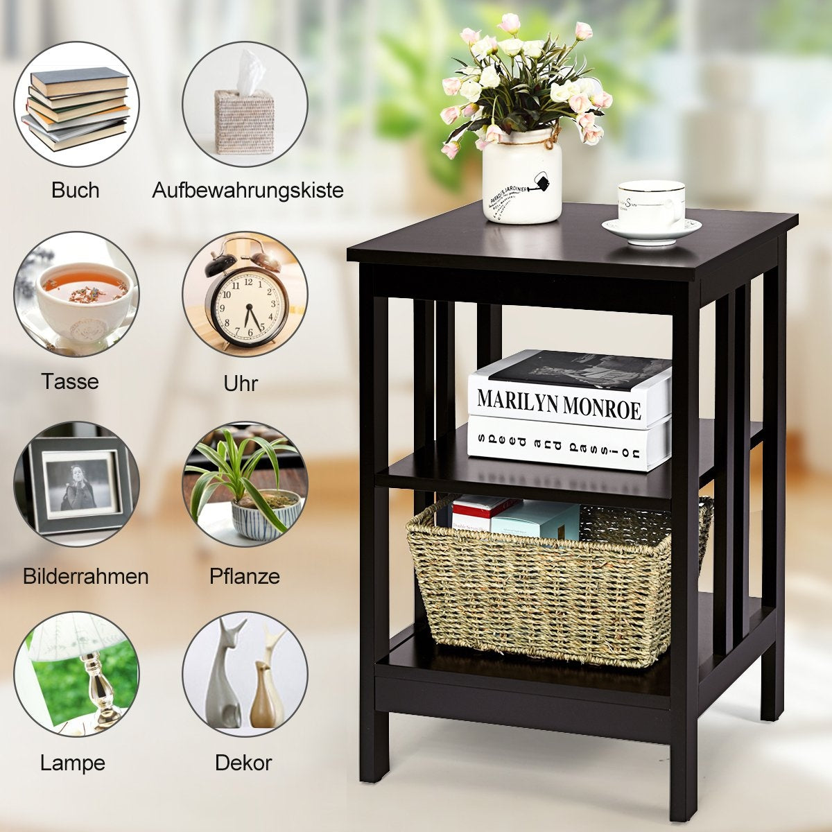3 Tier II Shaped Bedside Table Side Table with Shelf & Storage Space 40 x 40 x 61 cm Coffee