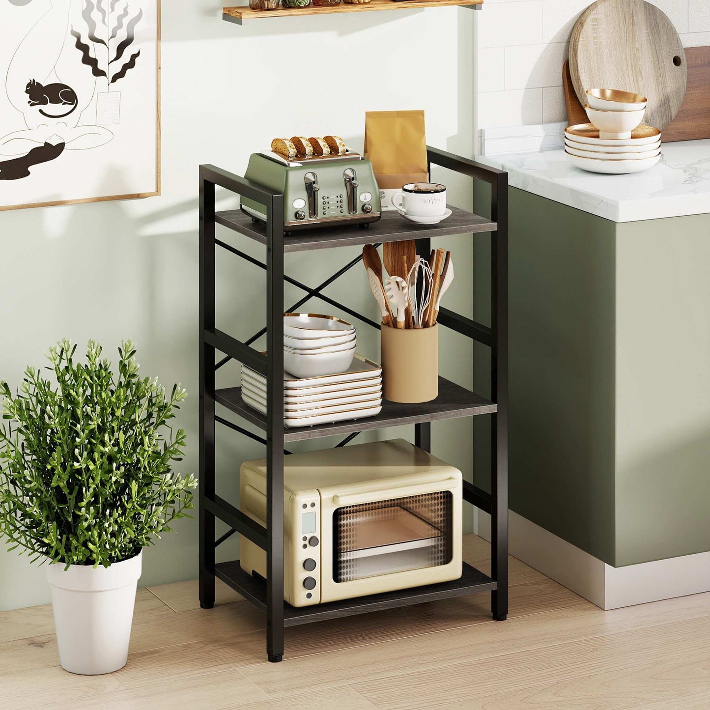3-Tier Industrial Shelf with Metal Frame, Rustic Gray