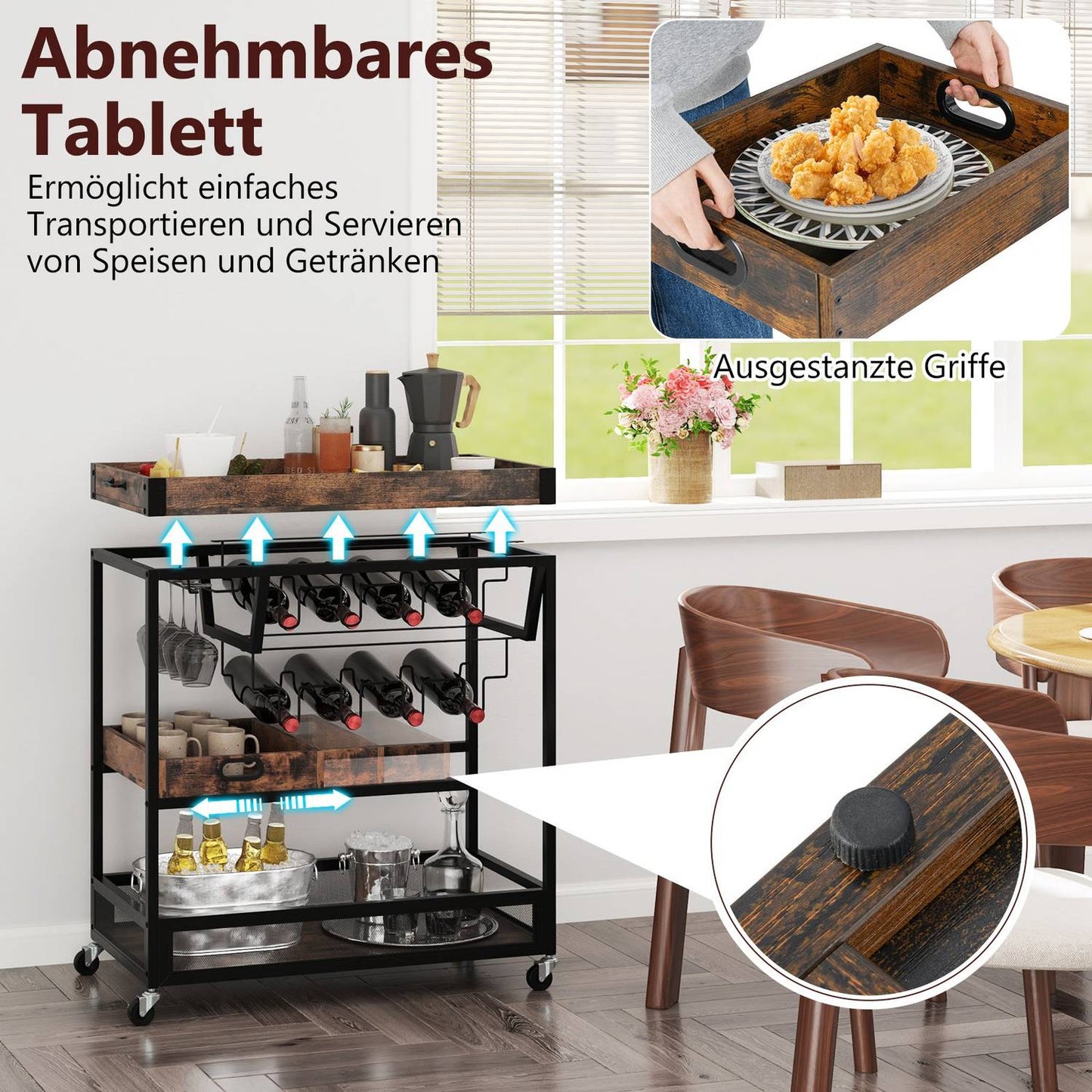 3-Tier Kitchen Cart with Tray, Glass Holder, Wine Rack
