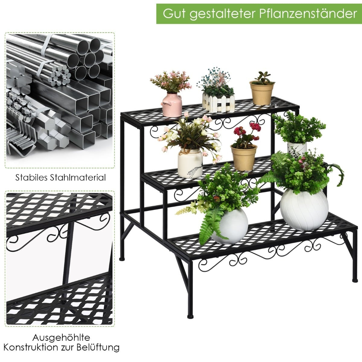 3-Tier Metal Plant Stand, Black, 70x60x60 cm