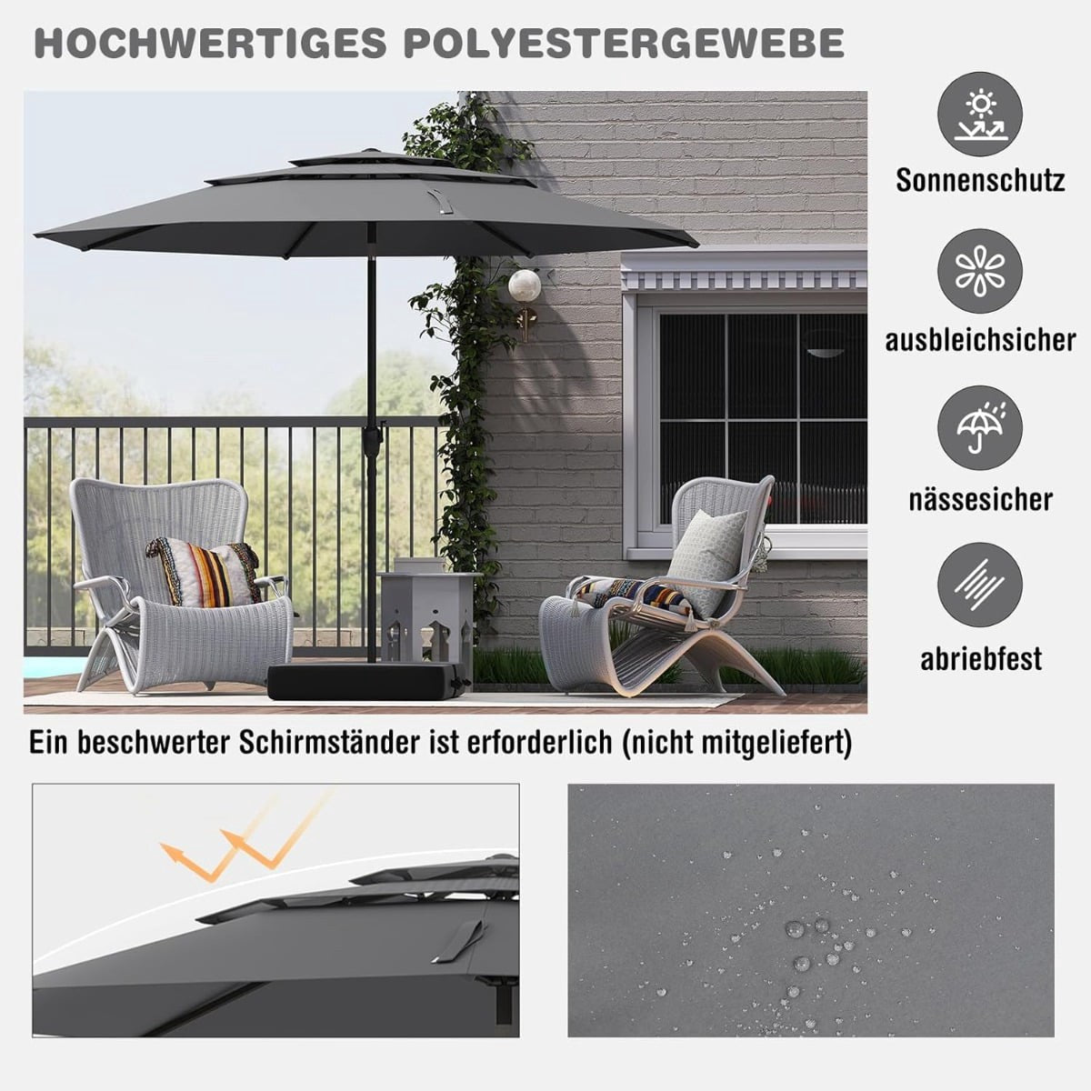 3-Tier Patio Umbrella, Crank, Tilt, 300cm, Grey