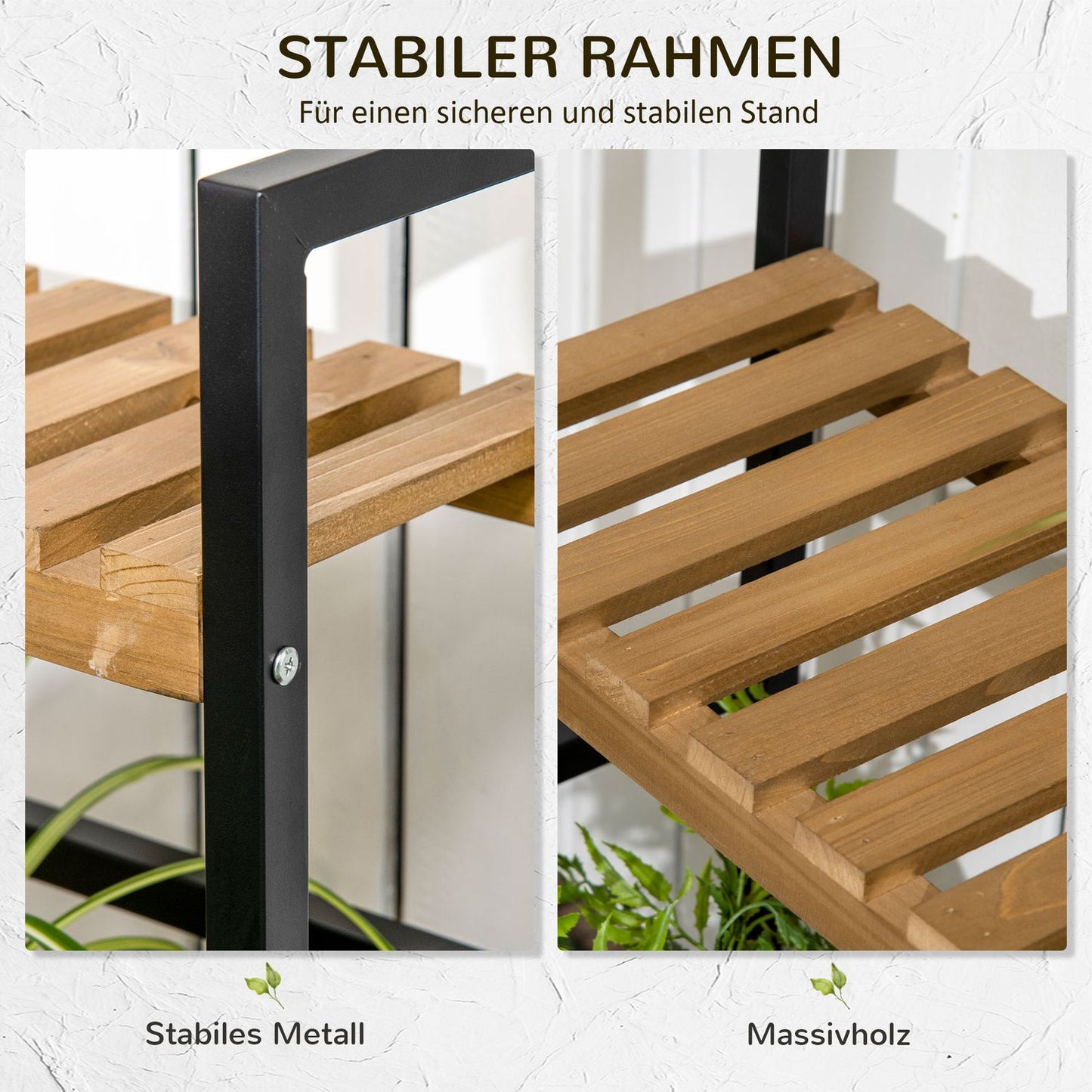 Three-level wooden plant shelf with hooks - 80x36x174 cm