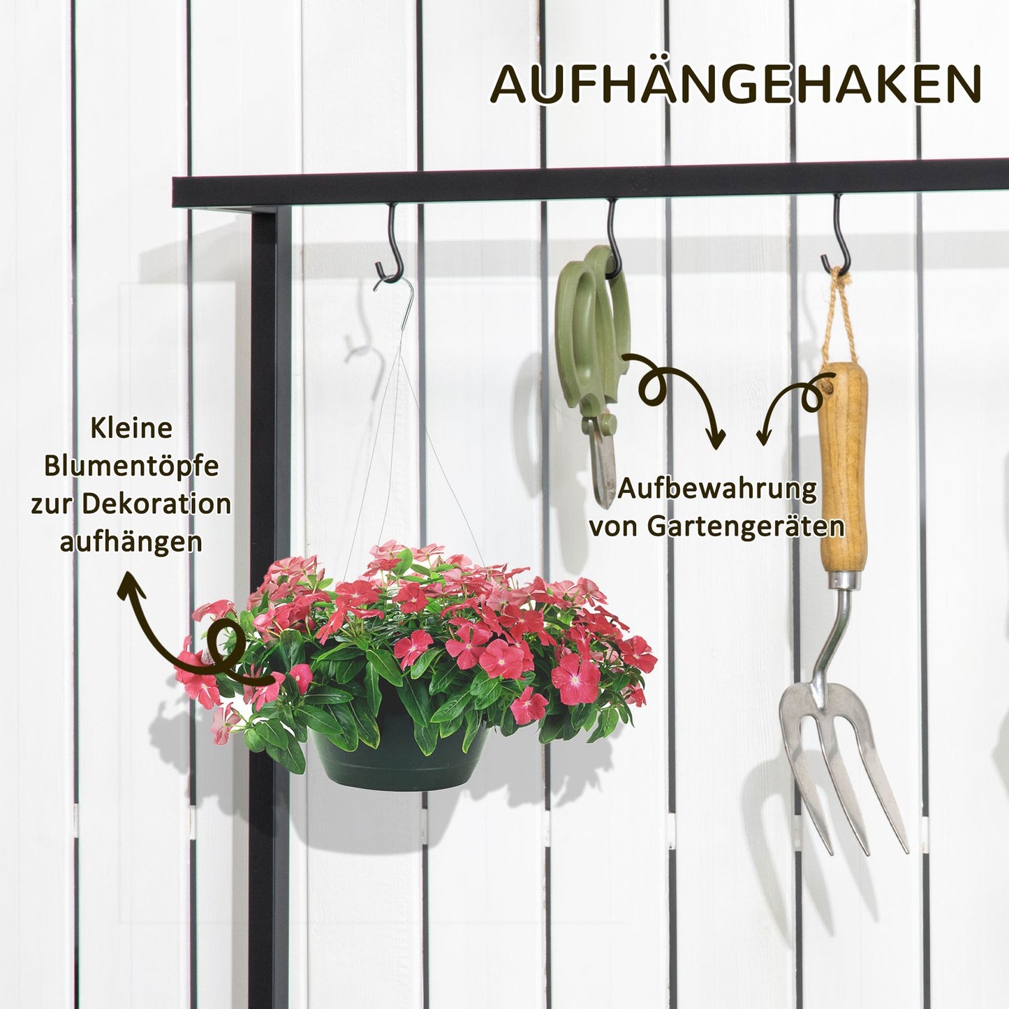 Three-level wooden plant shelf with hooks - 80x36x174 cm