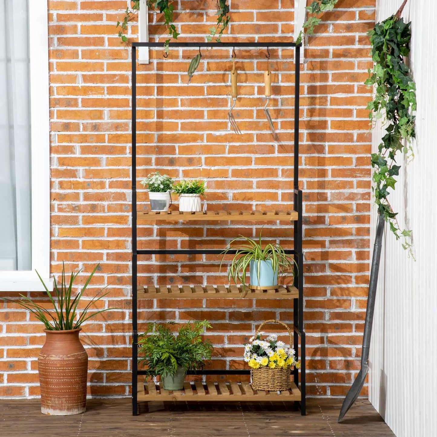 Three-level wooden plant shelf with hooks - 80x36x174 cm