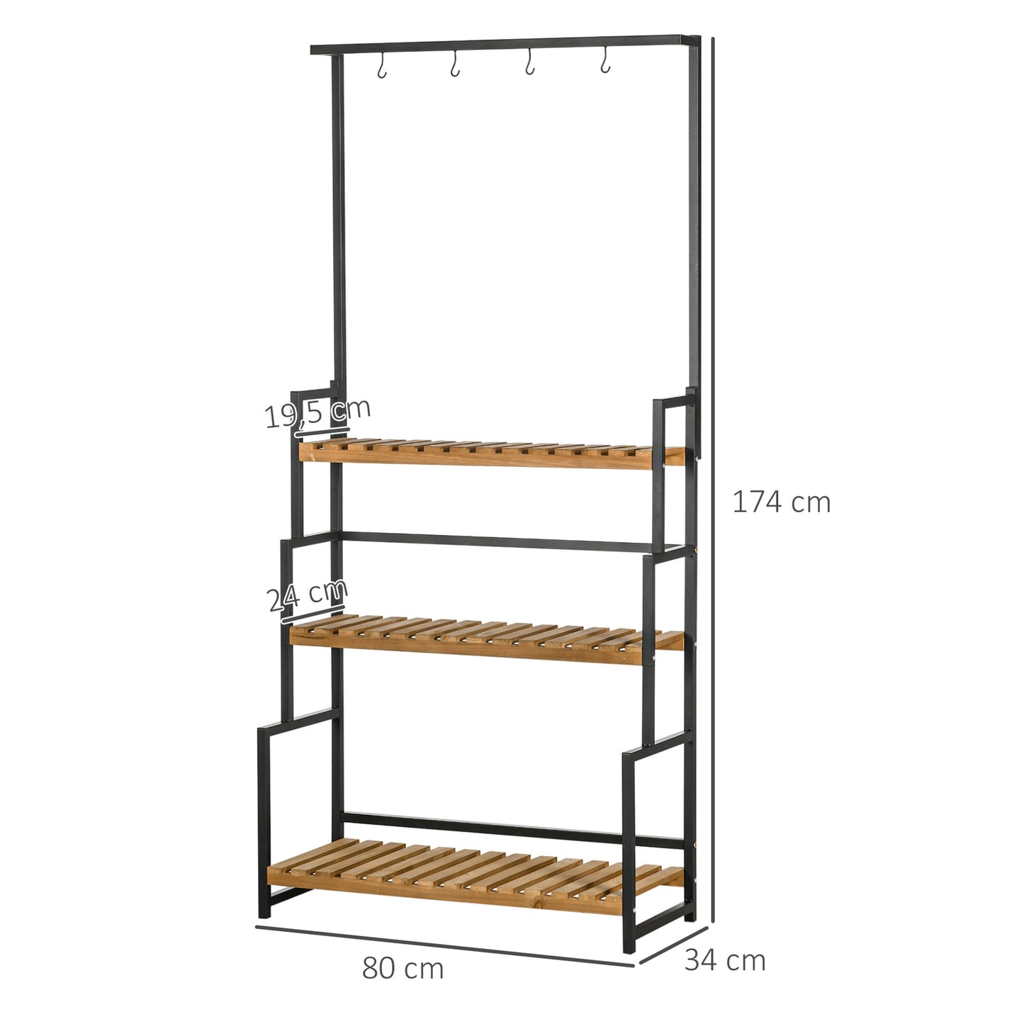 Three-level wooden plant shelf with hooks - 80x36x174 cm
