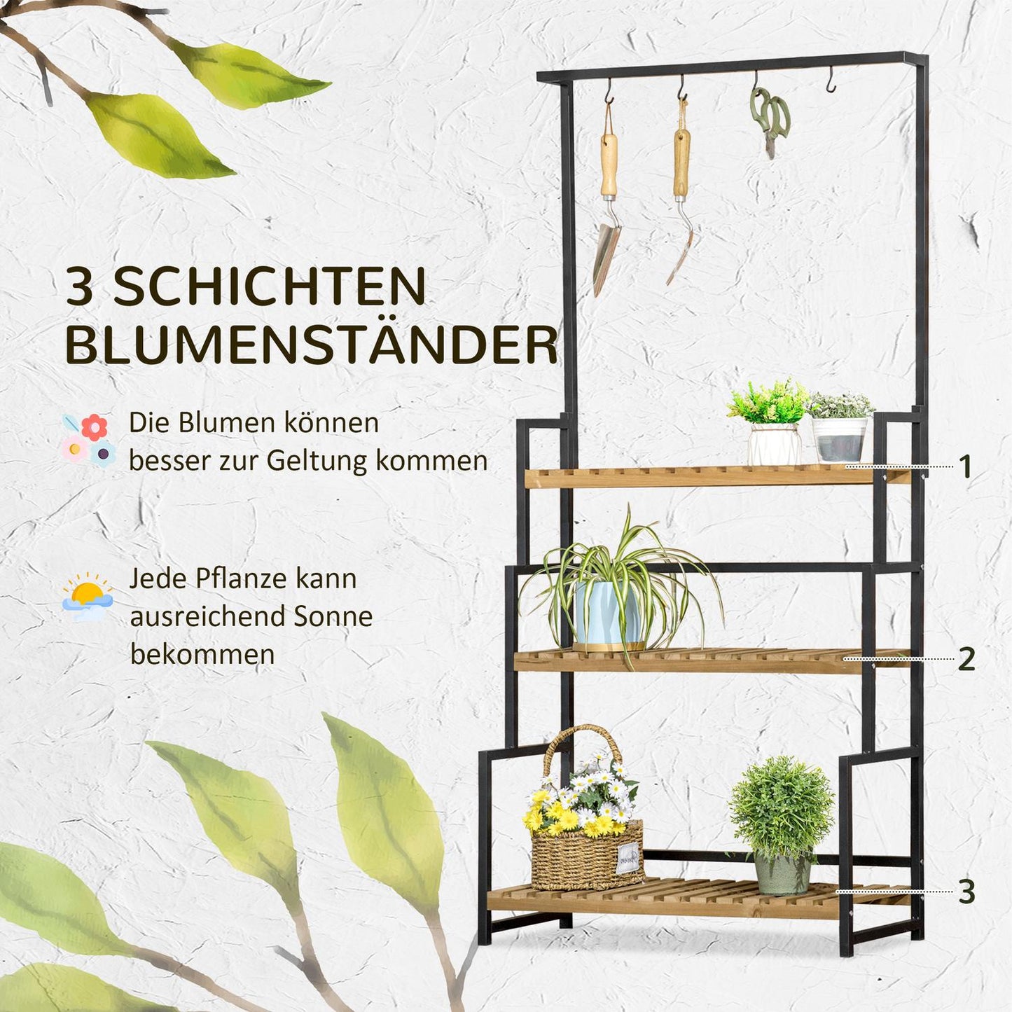 Three-level wooden plant shelf with hooks - 80x36x174 cm