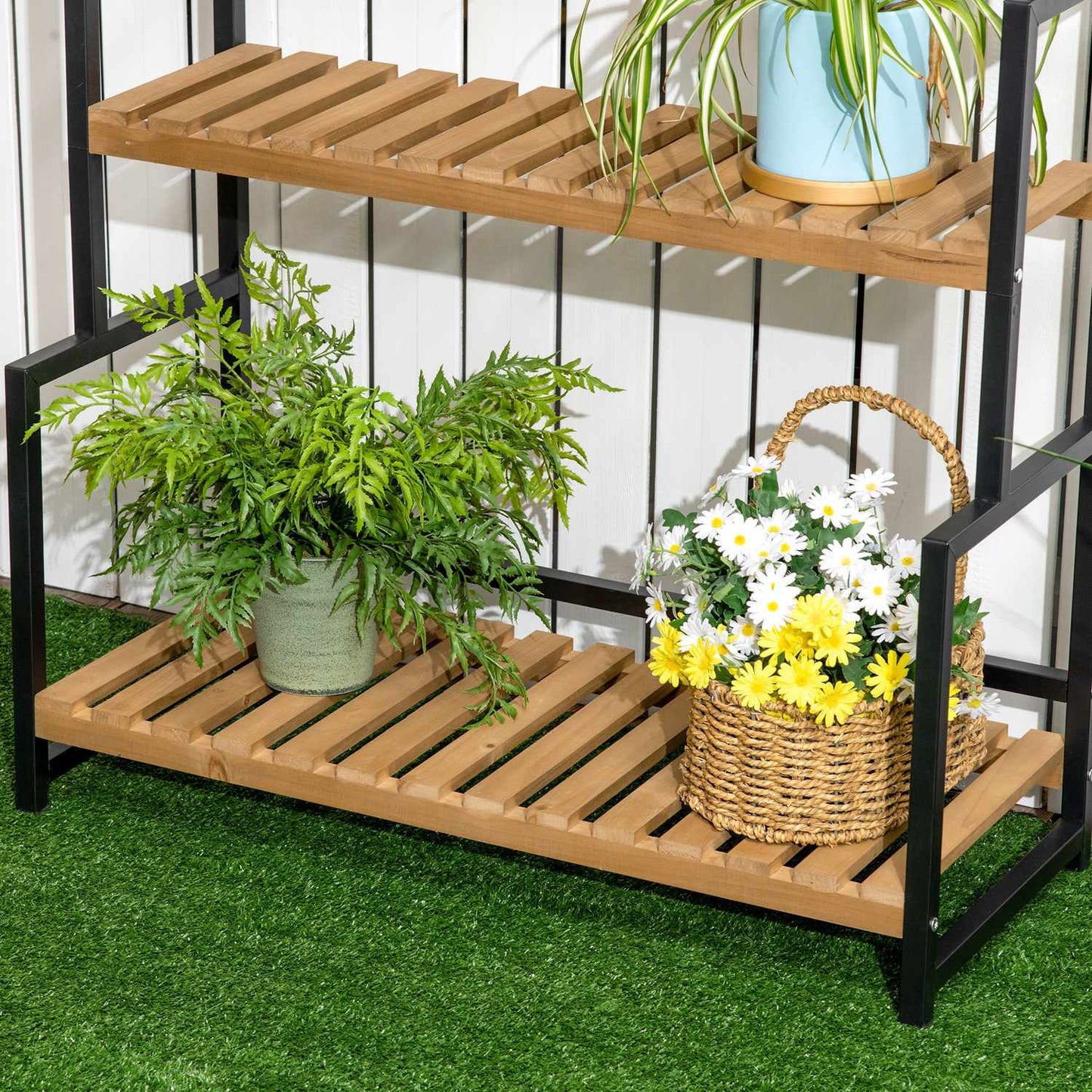 Three-level wooden plant shelf with hooks - 80x36x174 cm
