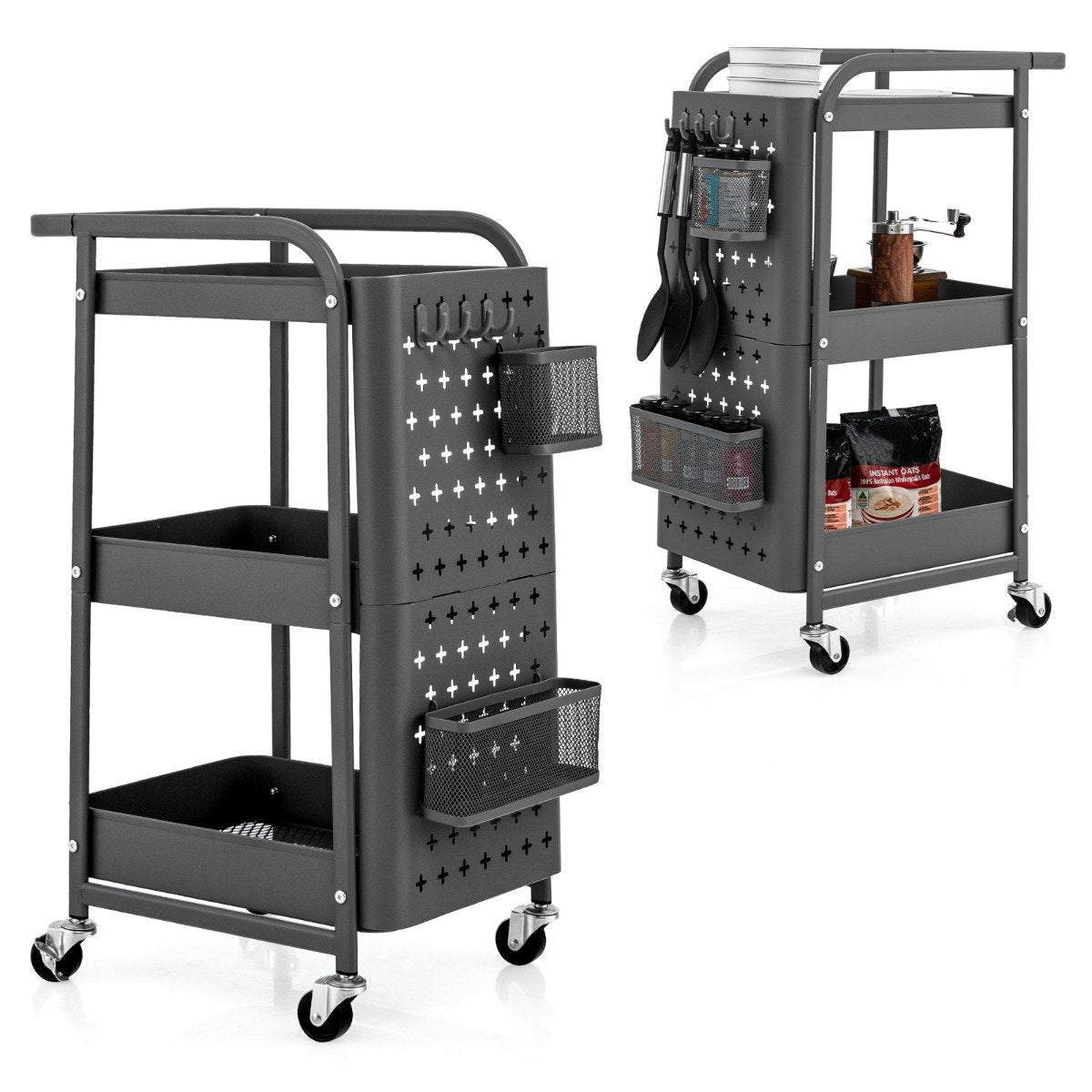 3 Tier Rolling Cart Metal Cart with 2 Pegboards & 2 Baskets & 4 Hooks Gray