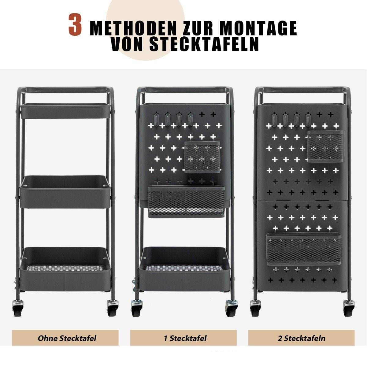 3 Tier Rolling Cart Metal Cart with 2 Pegboards & 2 Baskets & 4 Hooks Gray