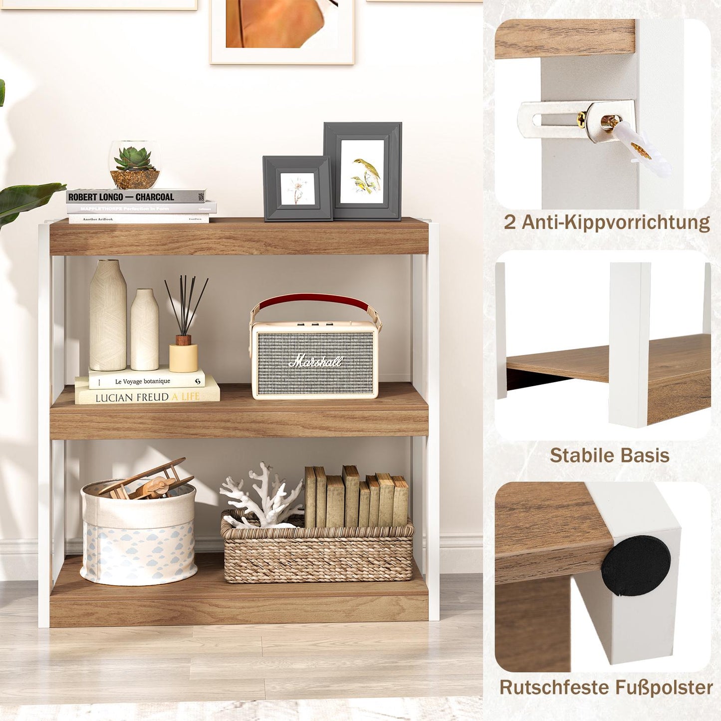 3-Tier Wooden Shelf with Anti-Tip Kits & Open Shelves