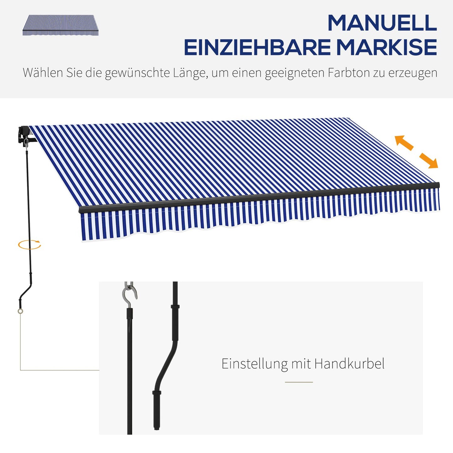Wall-mounted awning, 3x2.5m, Blue & White, Sun protection
