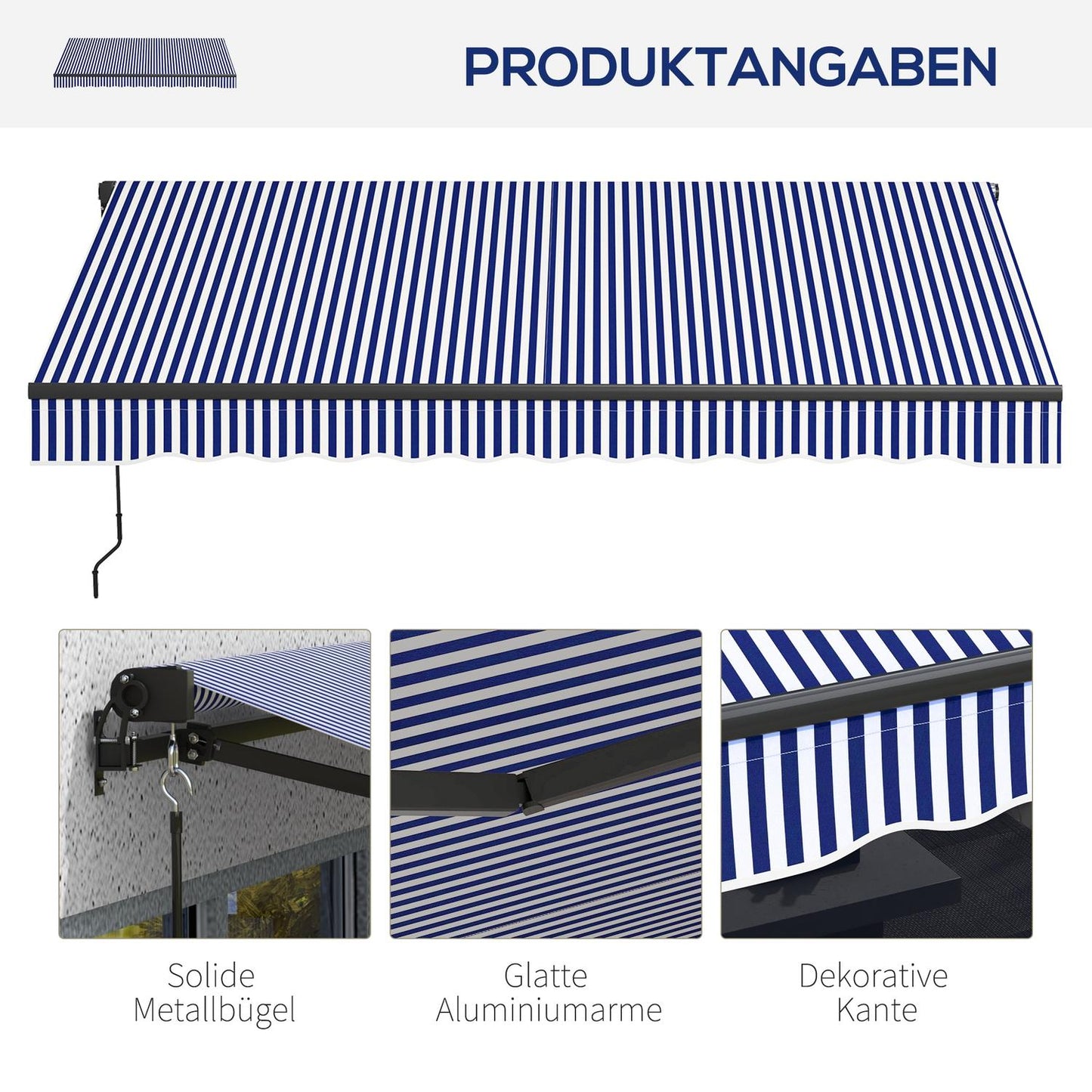 Wall-mounted awning, 3x2.5m, Blue & White, Sun protection