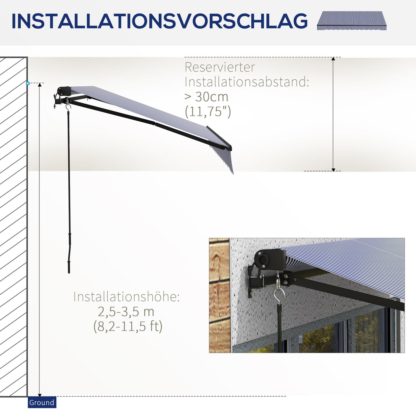 Wall-mounted awning, 3x2.5m, Blue & White, Sun protection