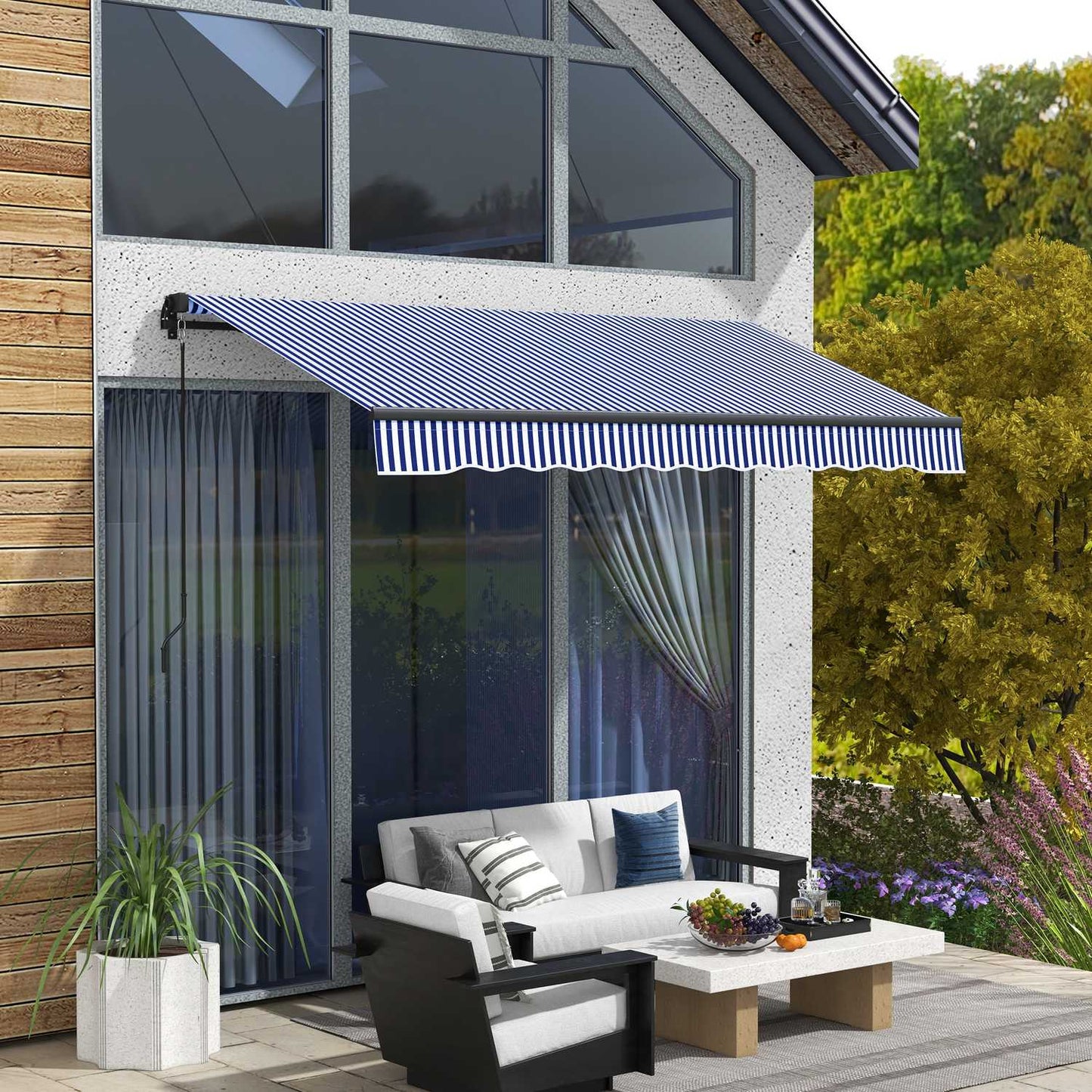 Wall-mounted awning, 3x2.5m, Blue & White, Sun protection