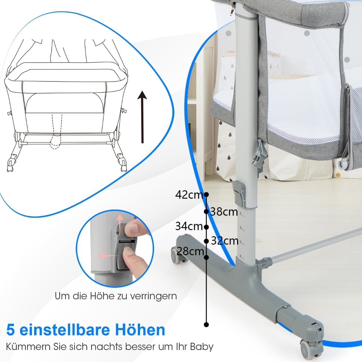 3-in-1 Baby Bed & Cradle with Mattress, Portable, Grey