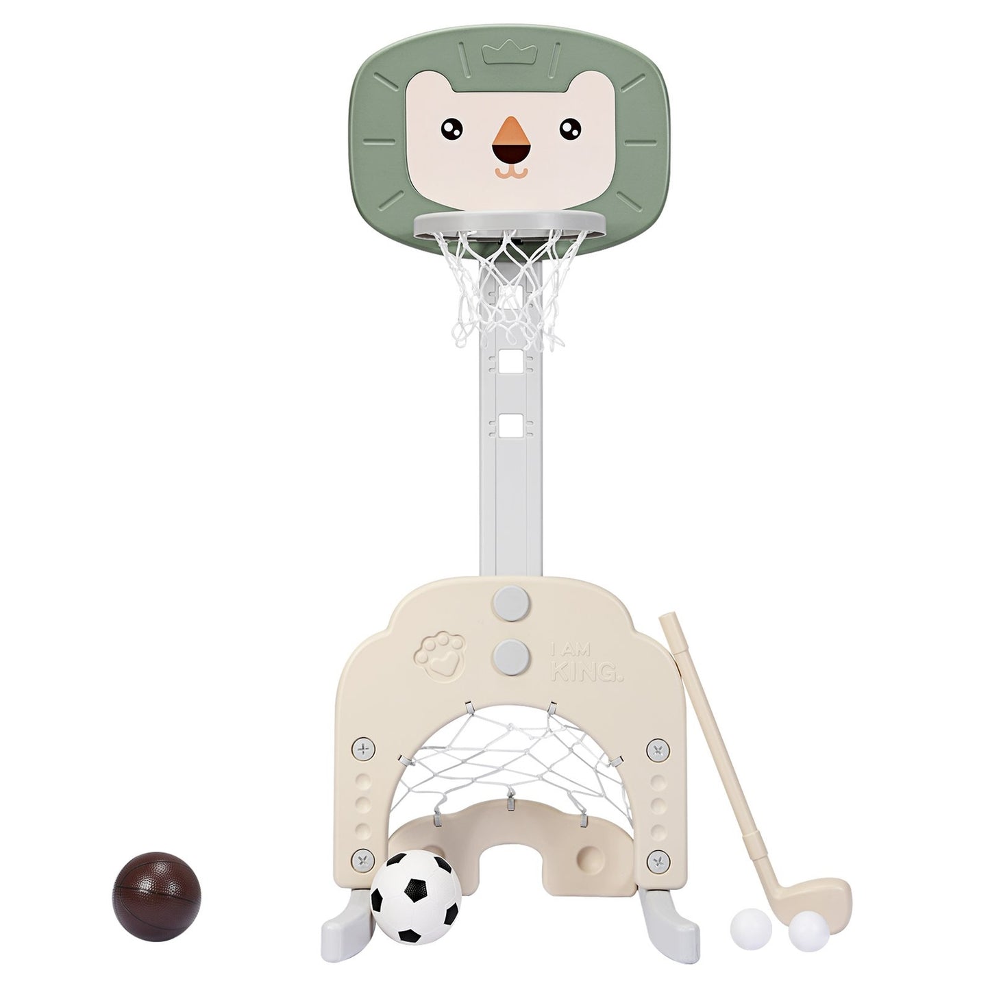 3-in-1 Basketball Hoop Set Toddler Basketball Hoop with Adjustable Height Basketball Football Golf Set Green + White