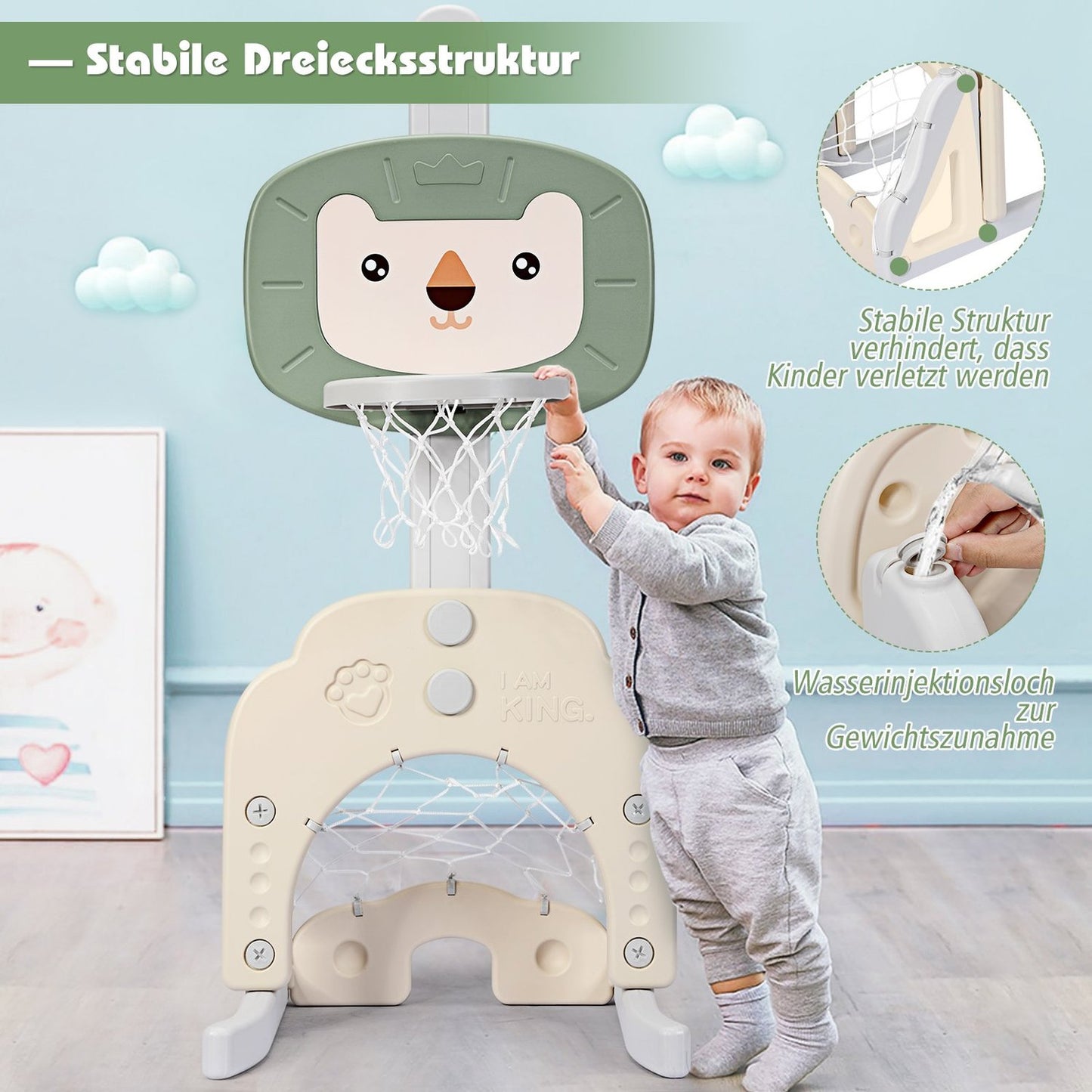 3-in-1 Basketball Hoop Set Toddler Basketball Hoop with Adjustable Height Basketball Football Golf Set Green + White