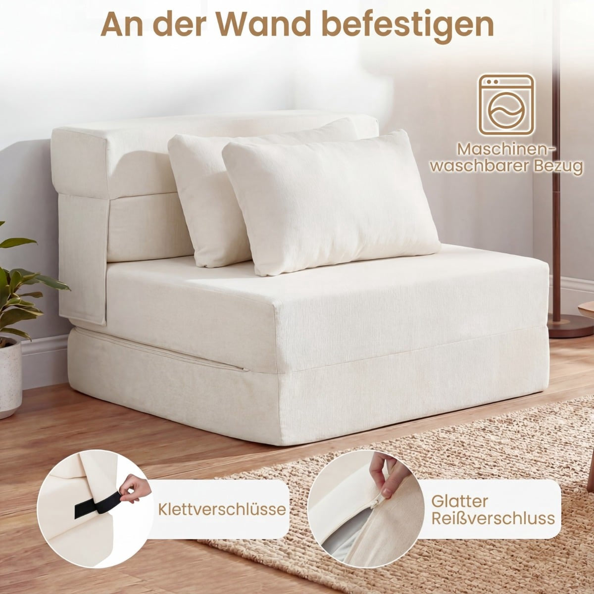 3-in-1 Chenille Sofa Bed with 2 Cushions, Beige