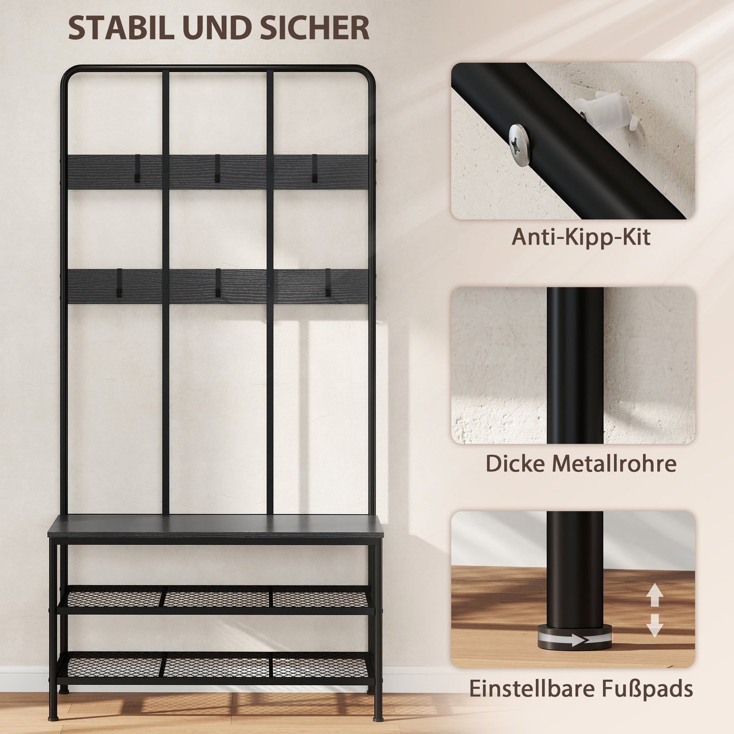 3-in-1 Coat Rack with Bench and Shoe Shelf, Black Metal