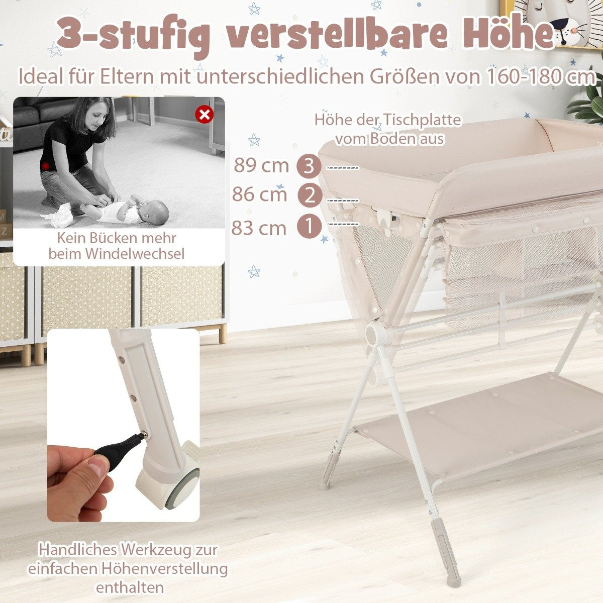 3 in 1 Folding Changing Table with Wheels & Trash Can Mobile Changing Table Changing Station Beige