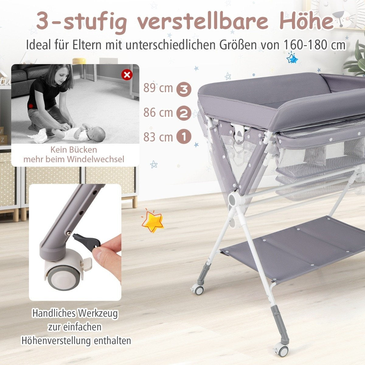 3 in 1 Folding Changing Table with Wheels & Trash Can Mobile Changing Table Changing Station Gray