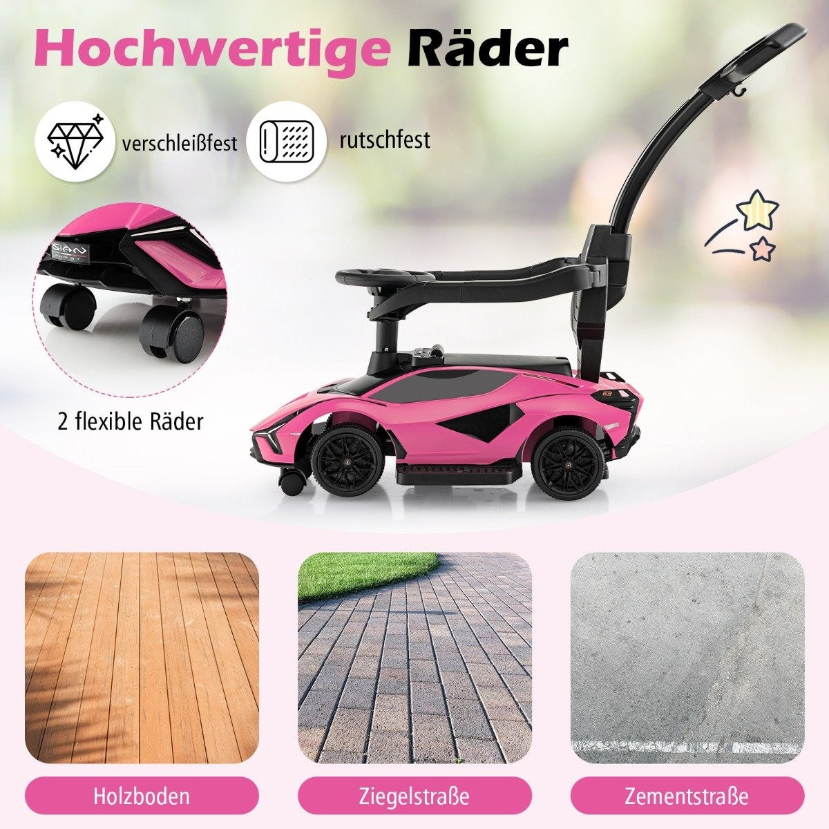 3-in-1 Lamborghini ride-on car push car with headlights & Music & Pink storage space