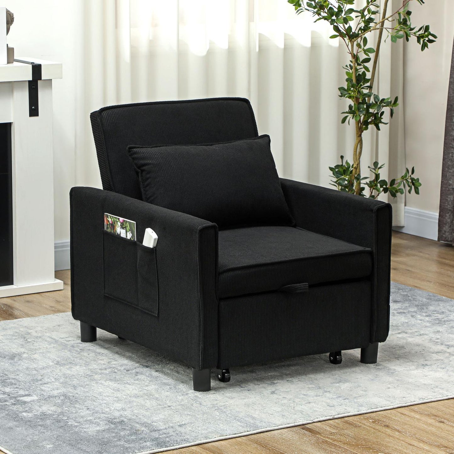 3-in-1 sofa bed, adjustable chair with wheels, black corduroy