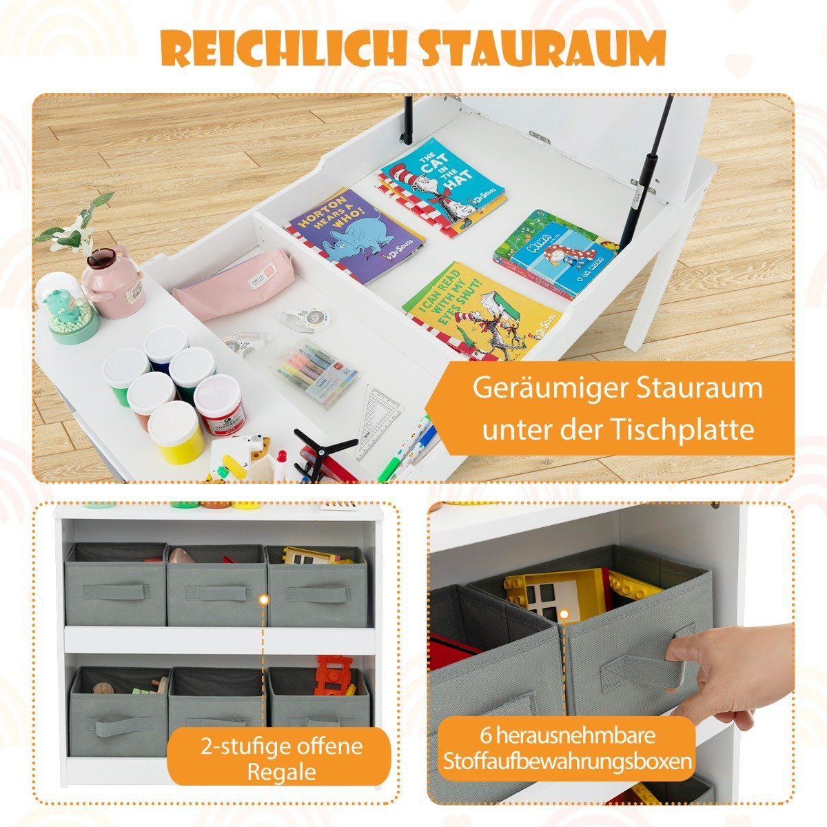 3 in 1 activity table & easel with liftable table top & 6 fabric containers & paper roll white