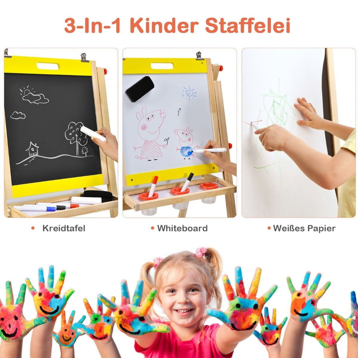 3 in 1 children's board foldable height-adjustable wooden board for children 50.5 x 53.5 x 79-104 cm natural + yellow