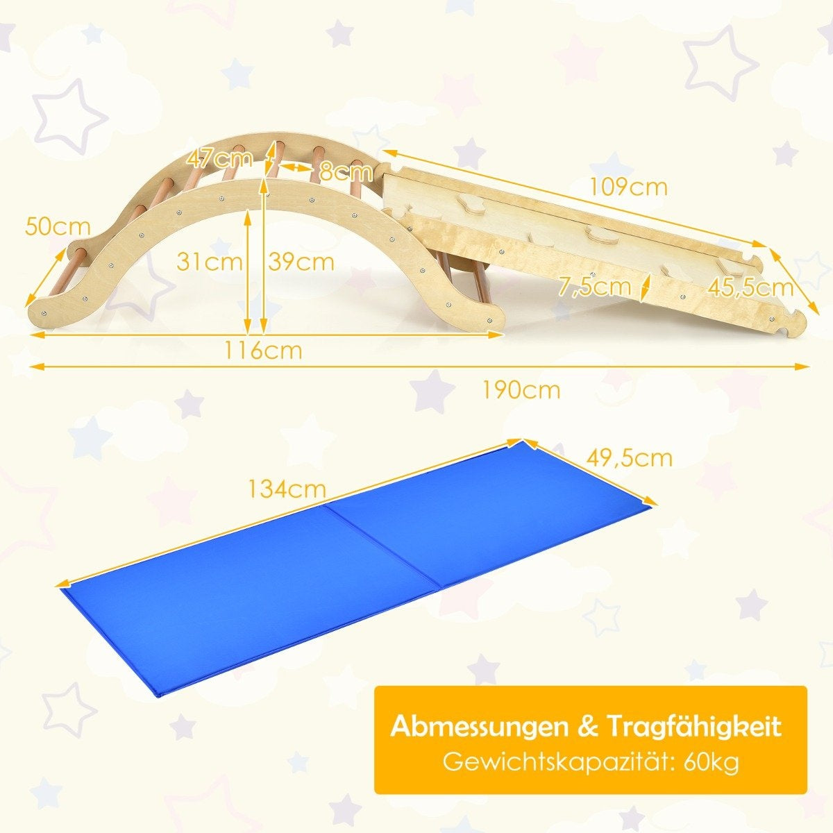 3 in 1 children's climbing ladder set with reversible ramp and cushion for climbing and sliding natural + blue load capacity of 60kg