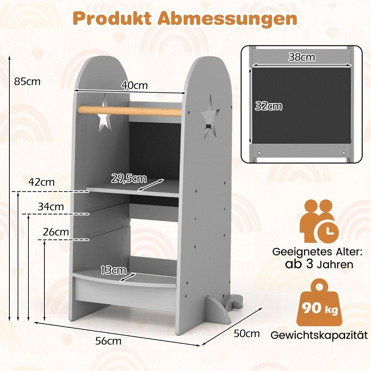 3 in 1 learning tower children's step stool with 3 adjustable heights 90 kg load capacity grey