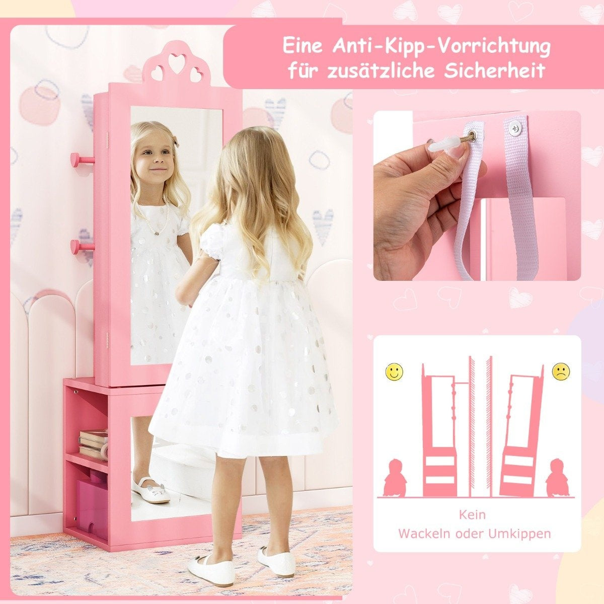3 in 1 mirror cabinet with full length mirror & Clothes rack children's jewelry cabinet pink