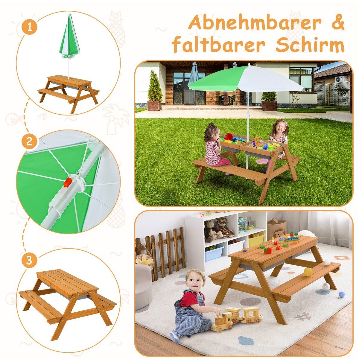 3-in-1 outdoor picnic table water & sand table with game boxes & umbrella natural and white