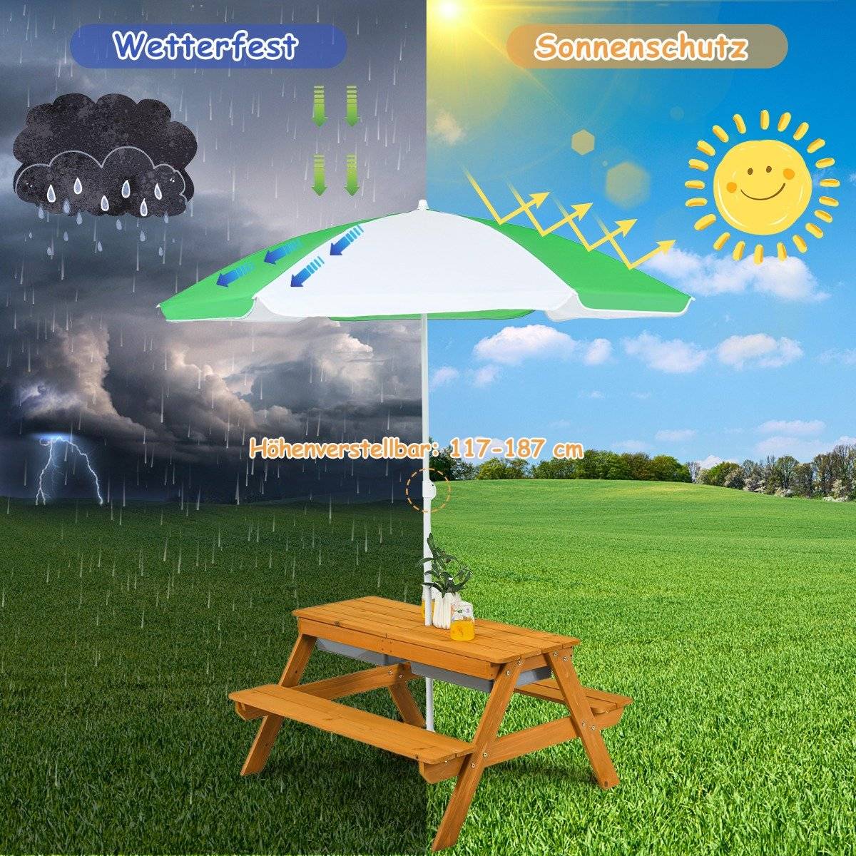 3-in-1 outdoor picnic table water & sand table with game boxes & umbrella natural and white