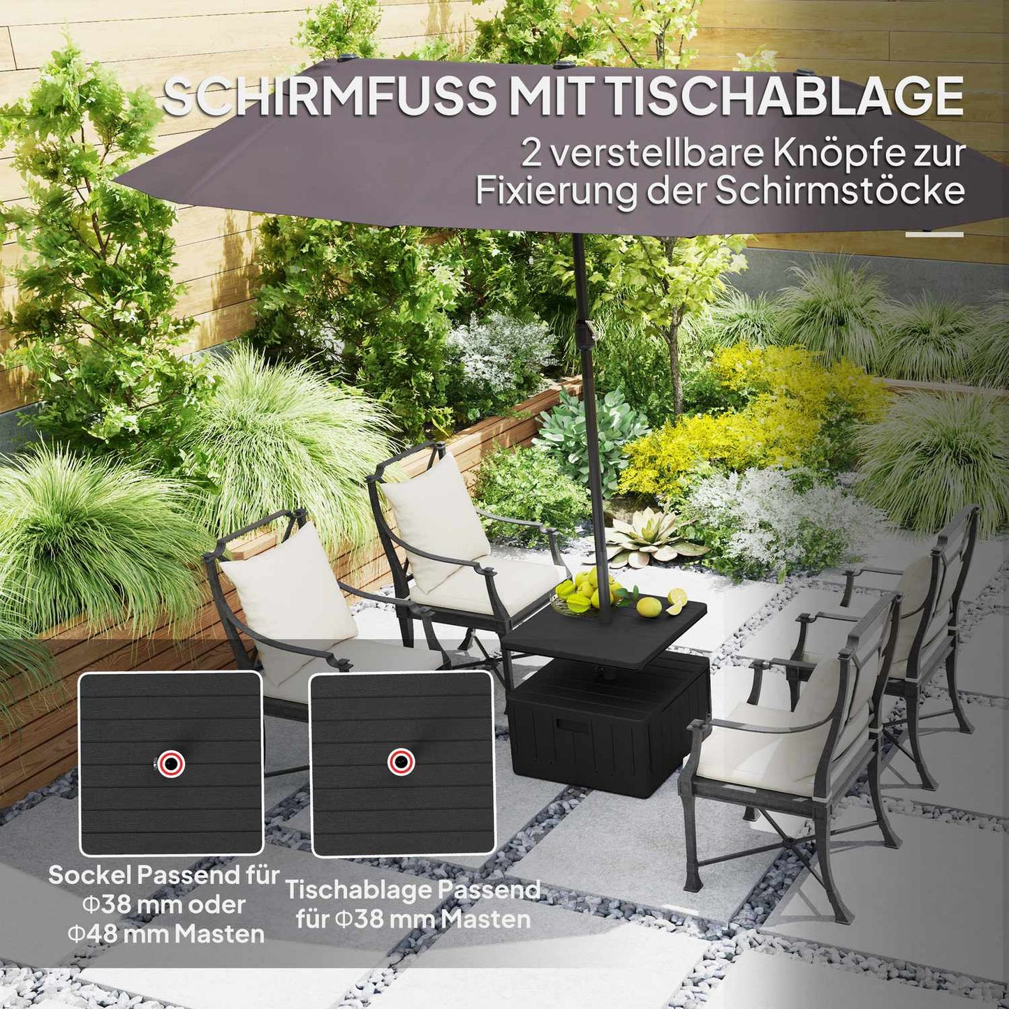 3-in-1 parasol stand 80 kg, fillable and plantable, black