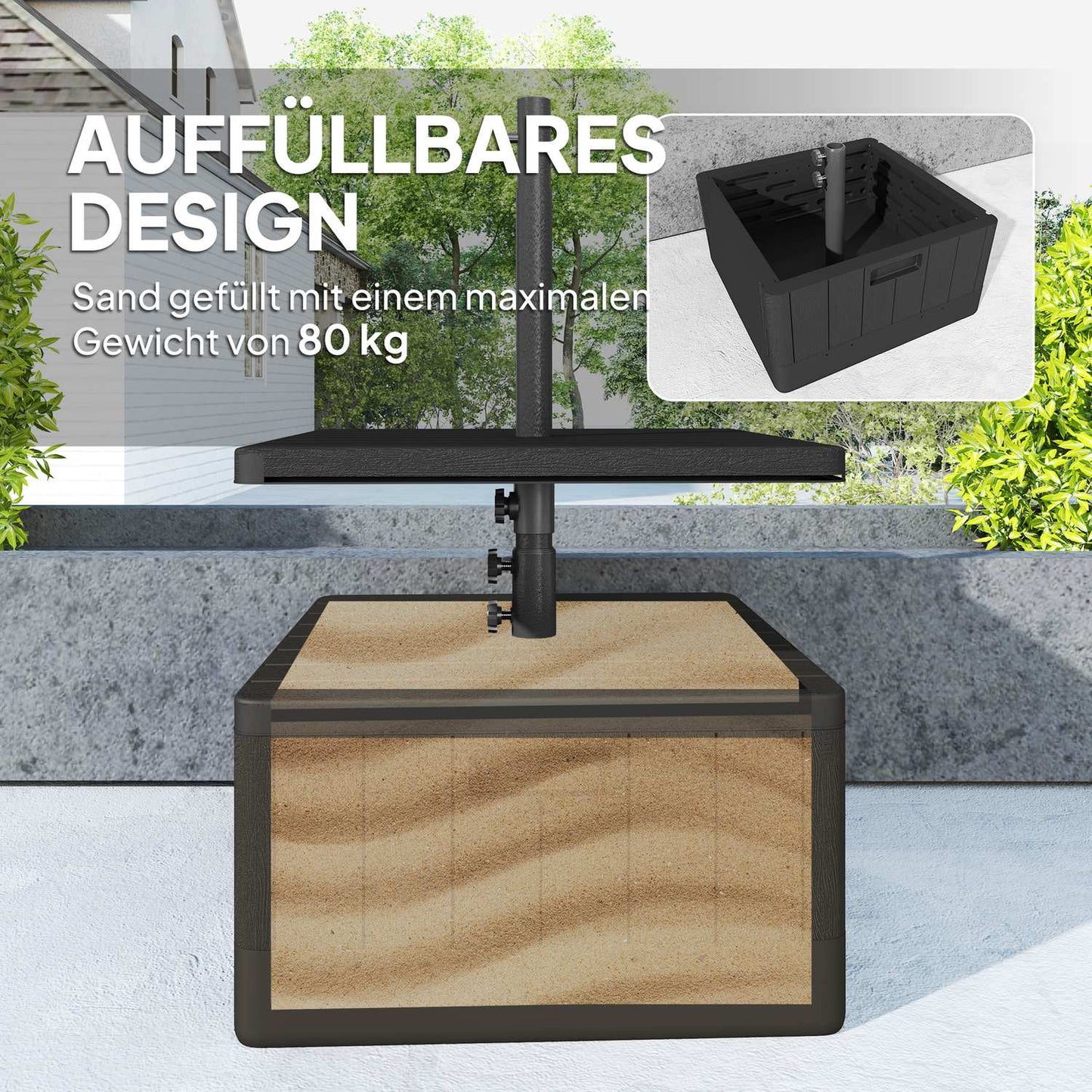 3-in-1 parasol stand 80 kg, fillable and plantable, black