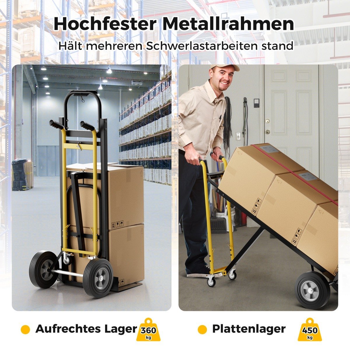 3 in 1 sack truck with 4 rubber tires & binding rope handcart transport truck can hold up to 360KG / 450KG