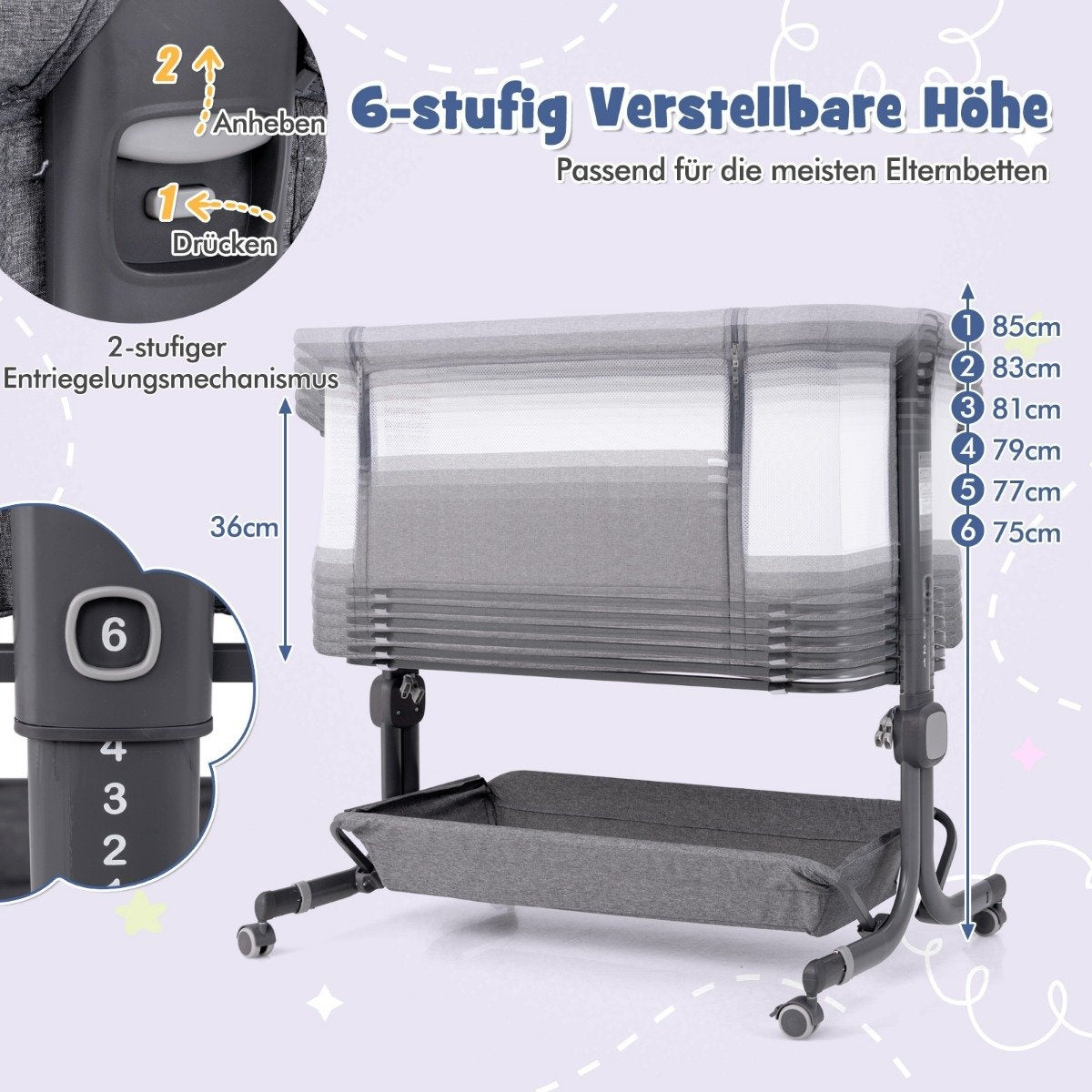 3 in 1 side bed travel cot baby with mattress baby bed 6 compartments height adjustable with storage basket dark gray