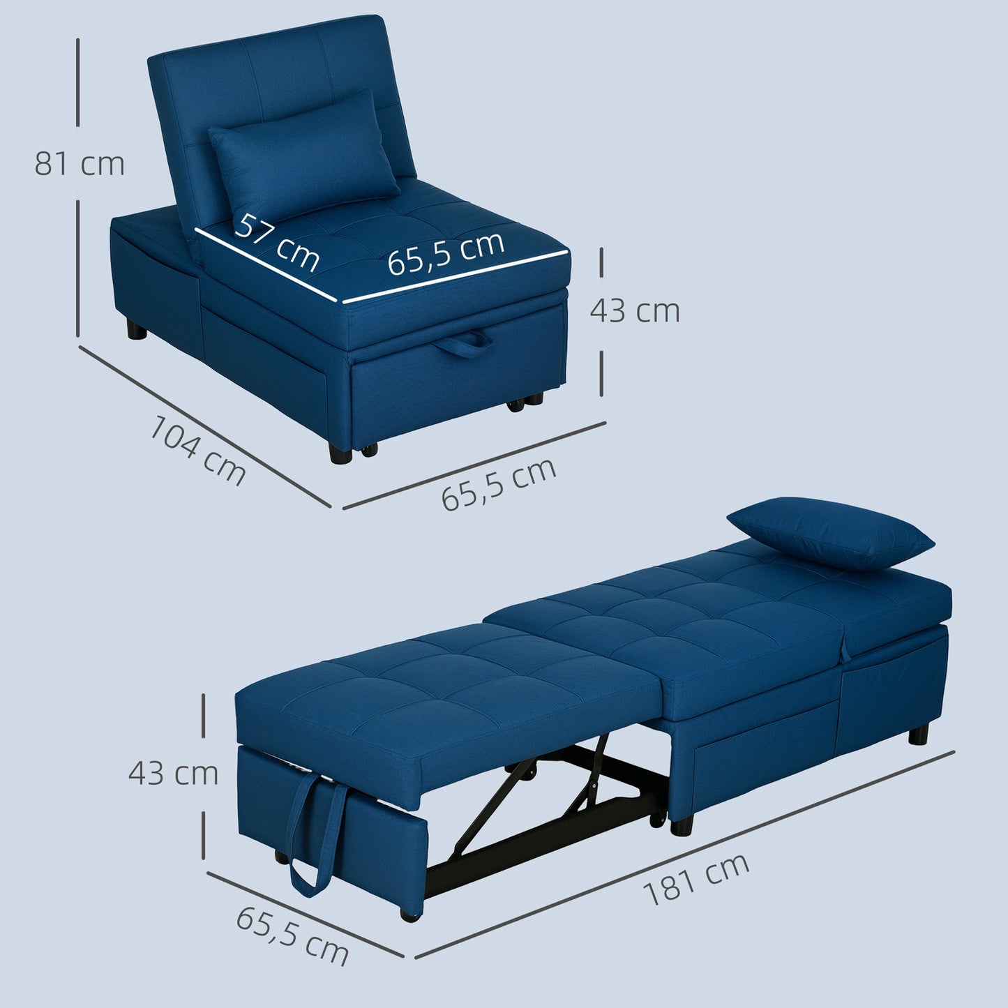 Blue Adjustable 3-in-1 sofa bed with side pocket