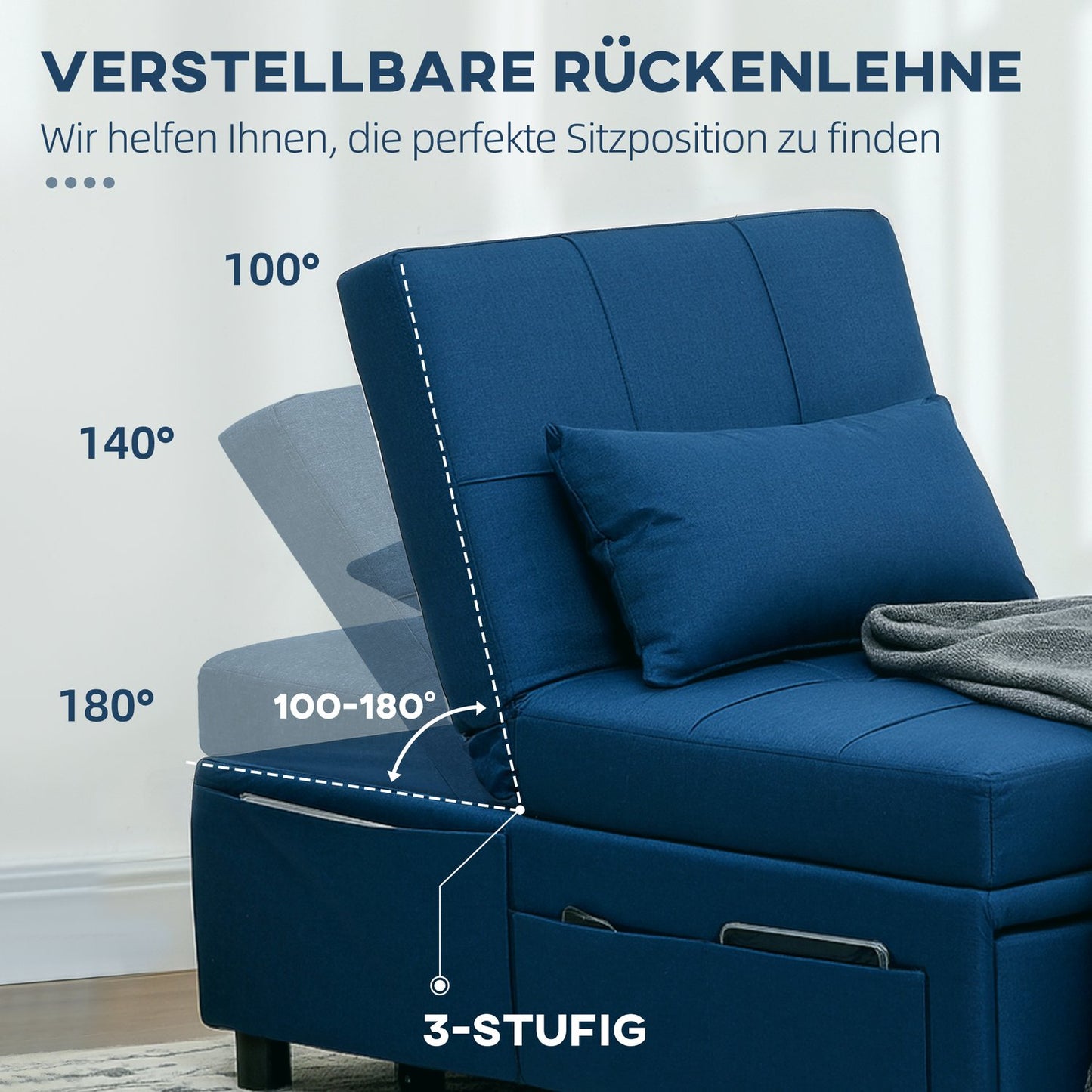 Blue Adjustable 3-in-1 sofa bed with side pocket