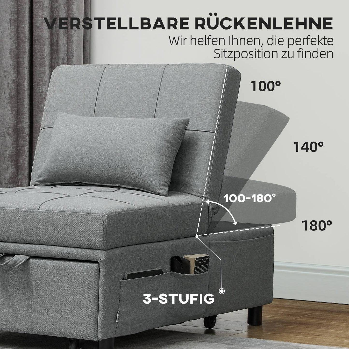 Light gray 3-in-1 sofa bed, adjustable, extendable design