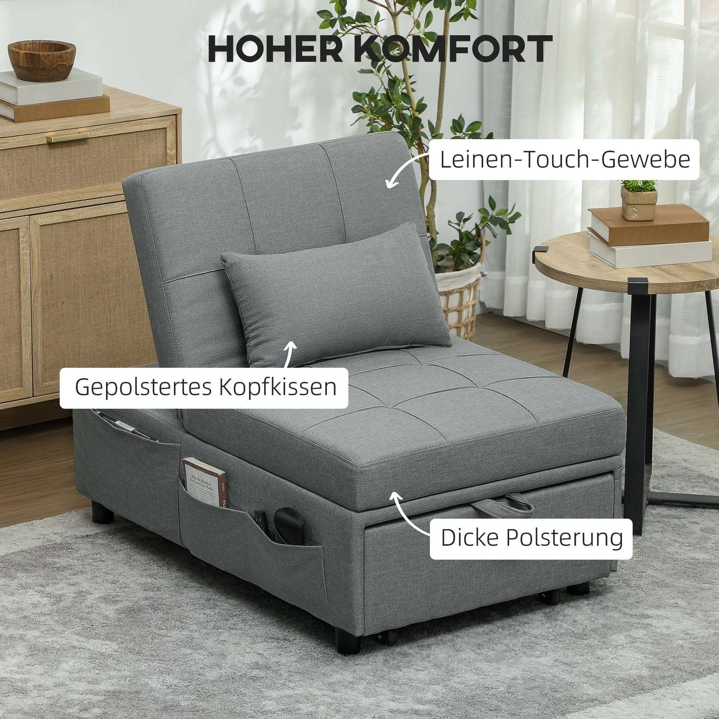 Light gray 3-in-1 sofa bed, adjustable, extendable design