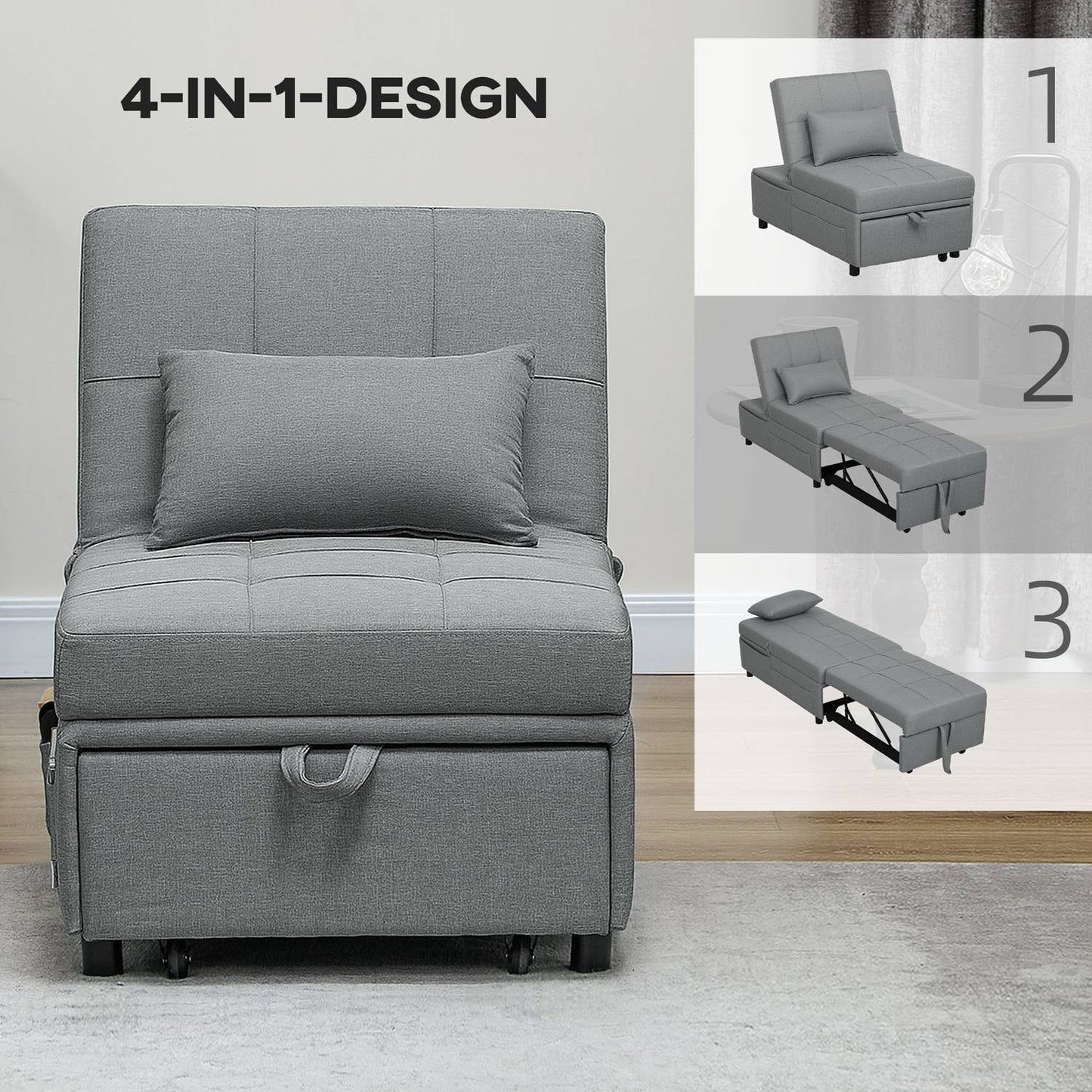 Light gray 3-in-1 sofa bed, adjustable, extendable design