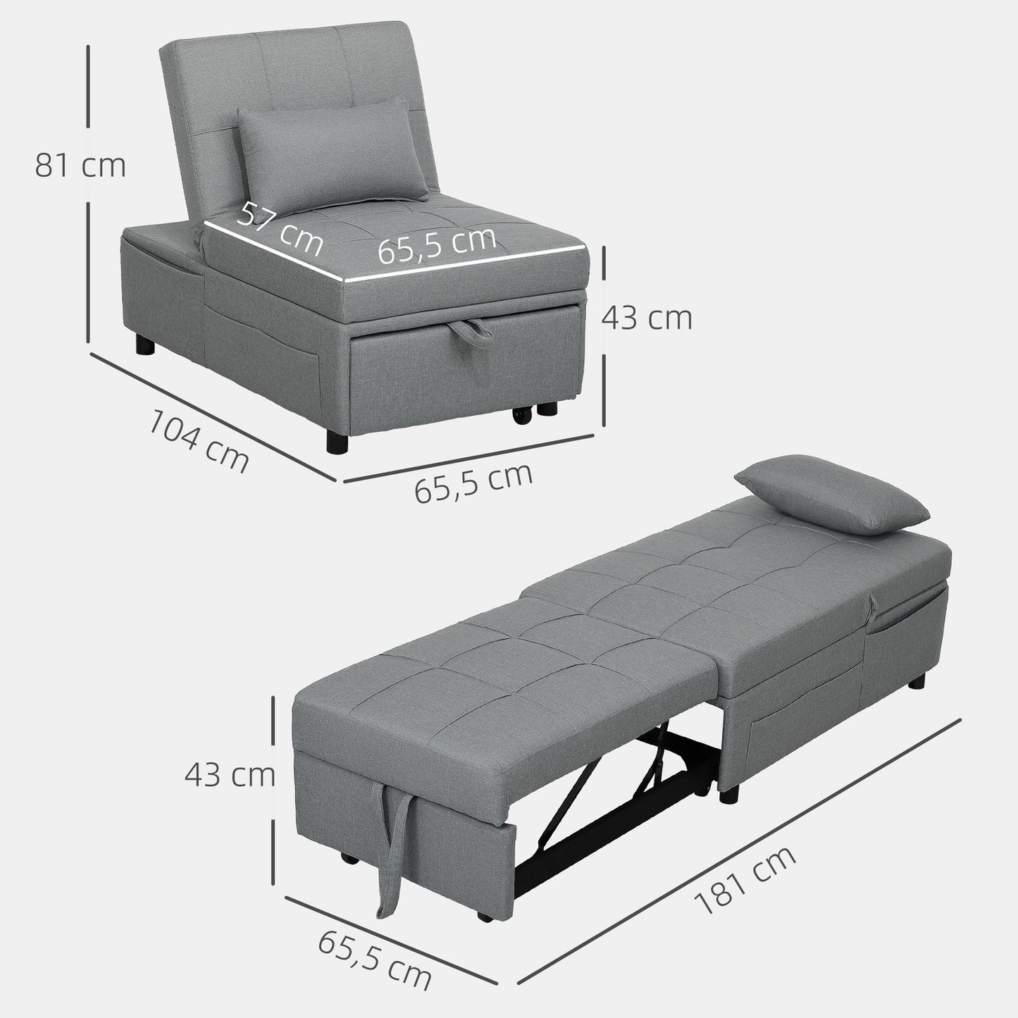 Light gray 3-in-1 sofa bed, adjustable, extendable design