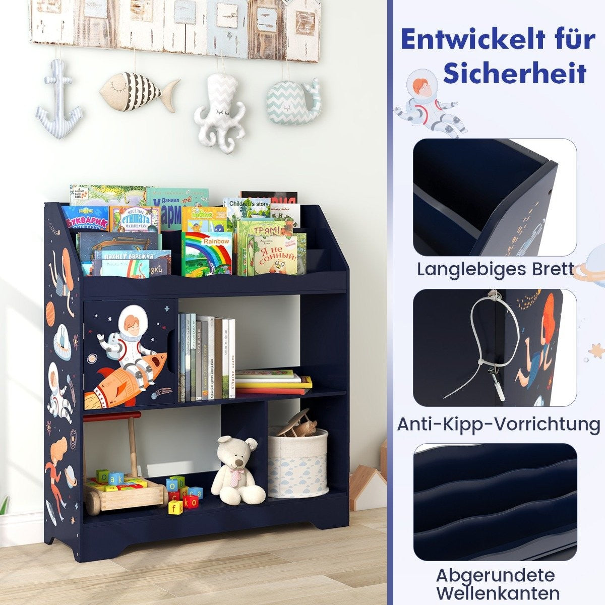 3 in 1 toy shelf with storage compartments & door 3 tier children's shelf bookcase 93 x 30 x 100 cm blue