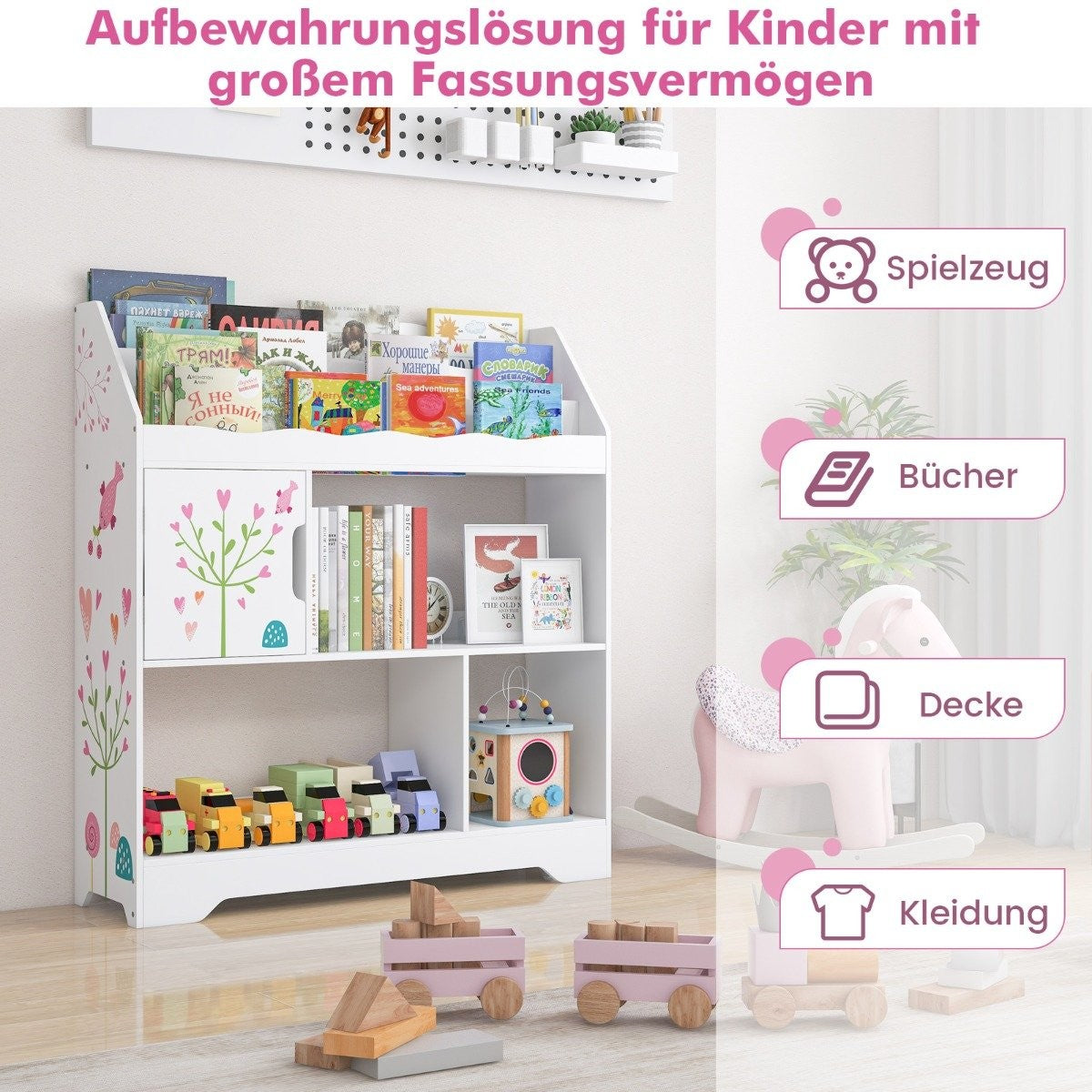 3 in 1 toy shelf with storage compartments & door 3 tier children's shelf bookcase 93 x 30 x 100 cm white